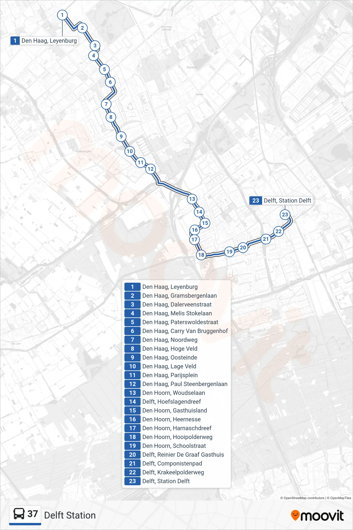 Lijn 37 (bus, Delft Station): route en haltes op de kaart