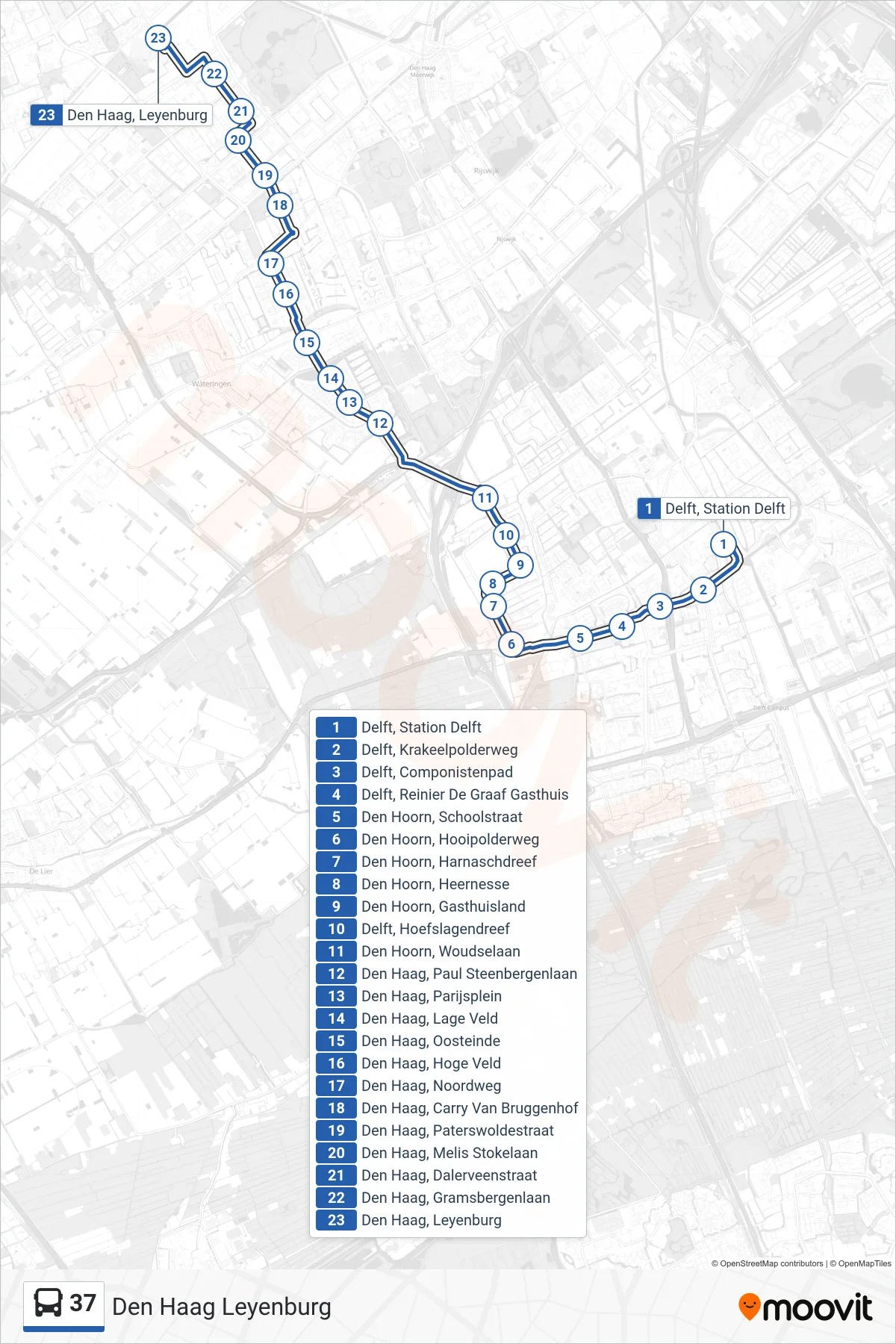 Lijn 37 (bus, Den Haag Leyenburg): route en haltes op de kaart