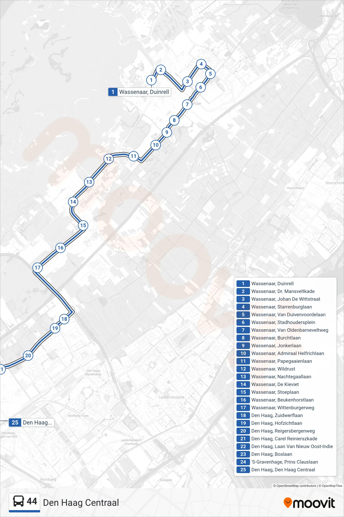 Lijn 44 (bus, Den Haag Centraal): route en haltes op de kaart