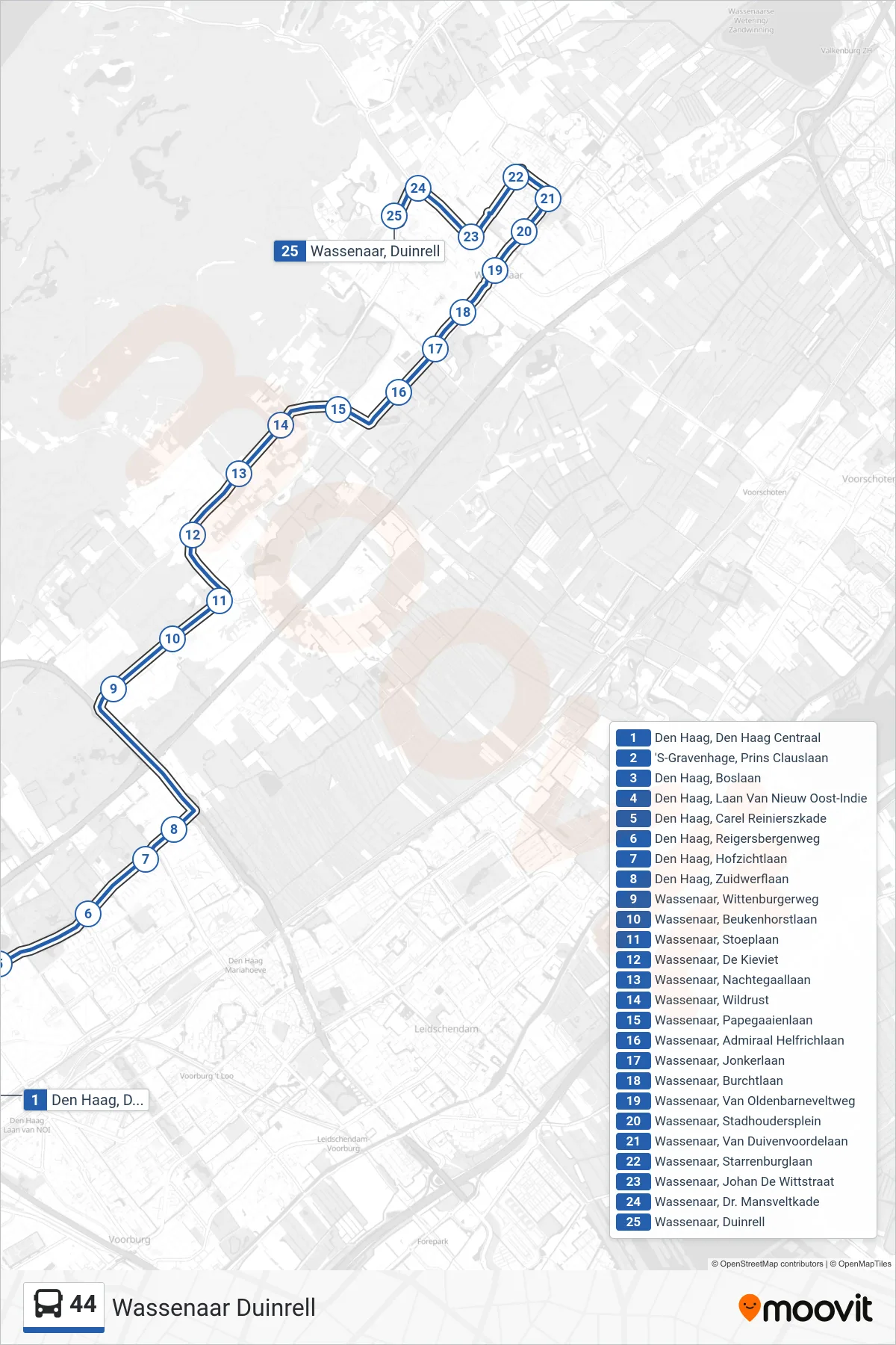 Lijn 44 (bus, Wassenaar Duinrell): route en haltes op de kaart