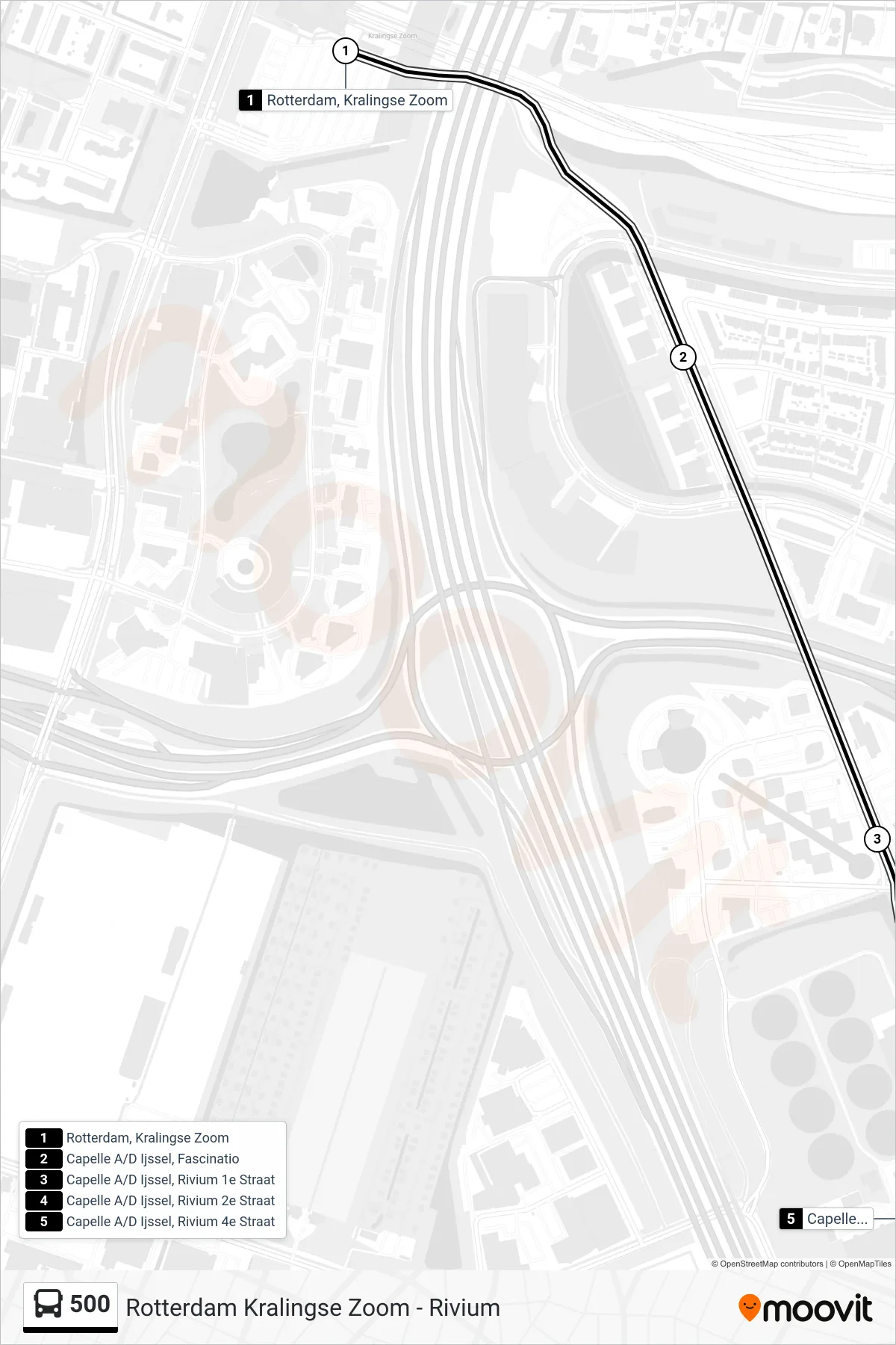 Lijn 500 (bus, Capelle A/D Ijssel Rivium 4e Straat): route en haltes op de kaart