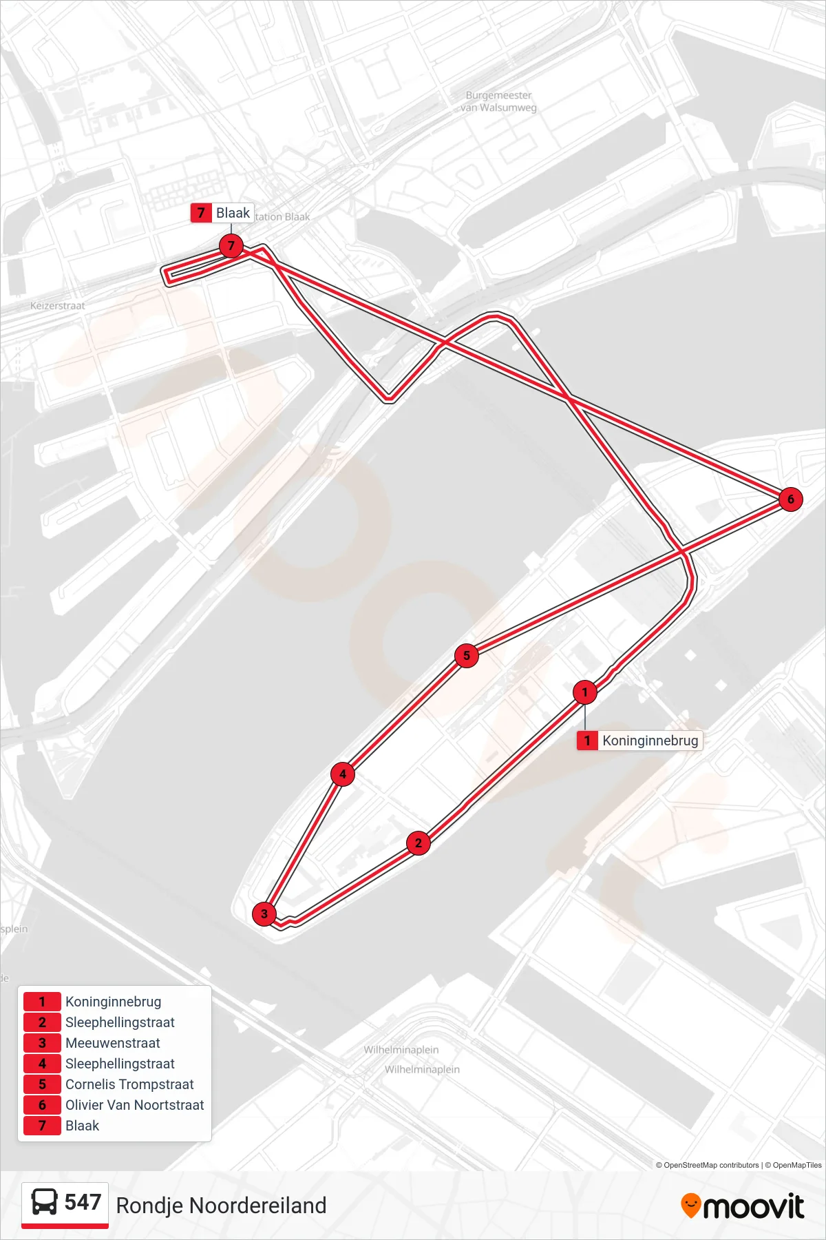 Lijn 547 (bus, Station Blaak): route en haltes op de kaart