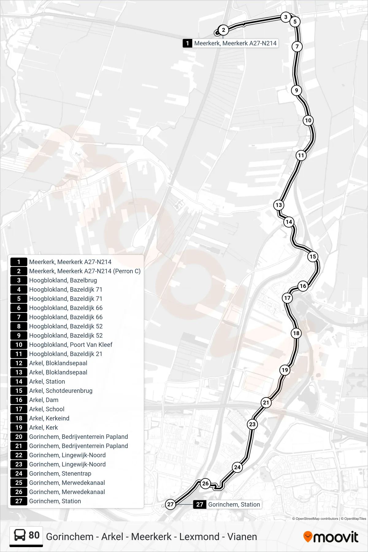 Lijn 80 (bus, Gorinchem): route en haltes op de kaart