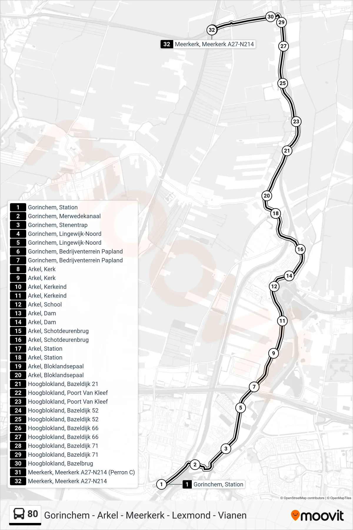 Lijn 80 (bus, Meerkerk A27): route en haltes op de kaart