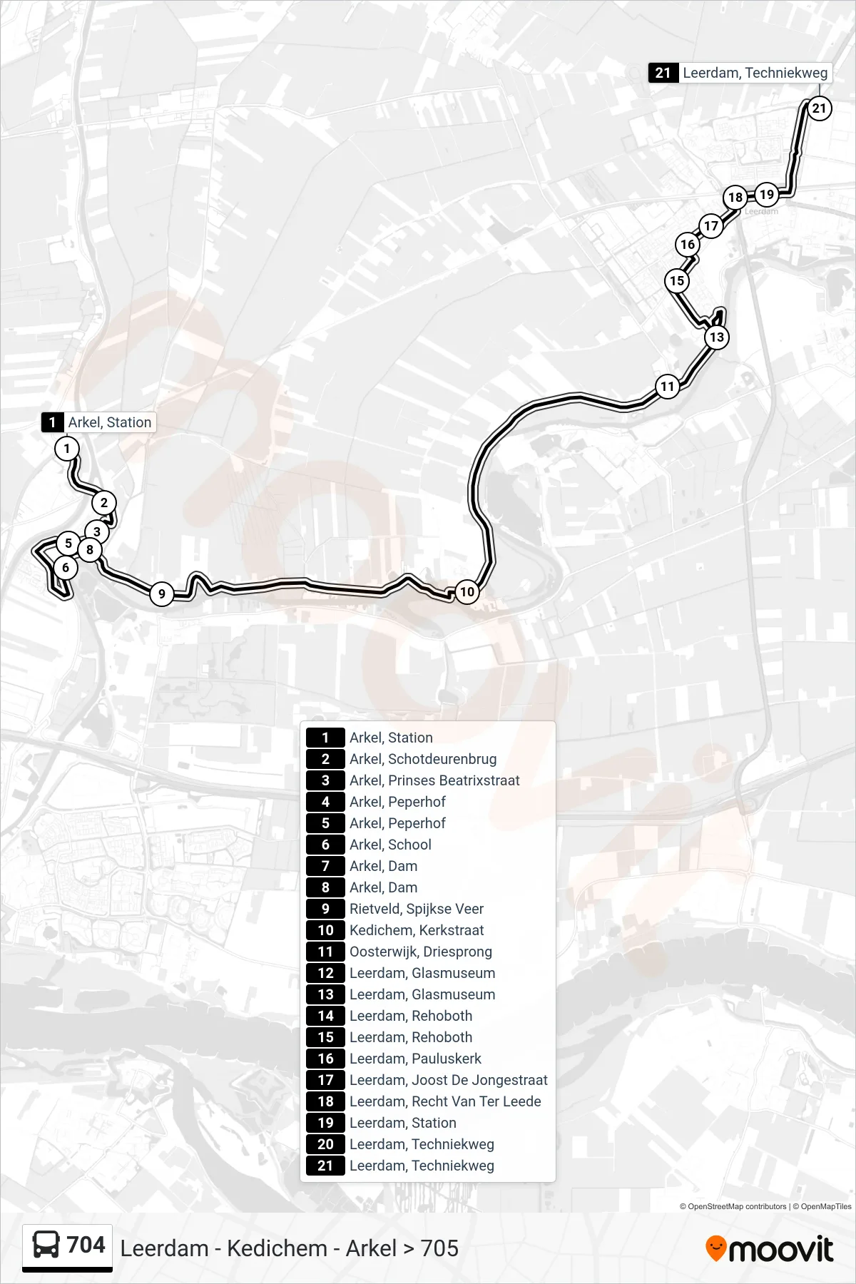 Lijn 704 (bus, Leerdam): route en haltes op de kaart