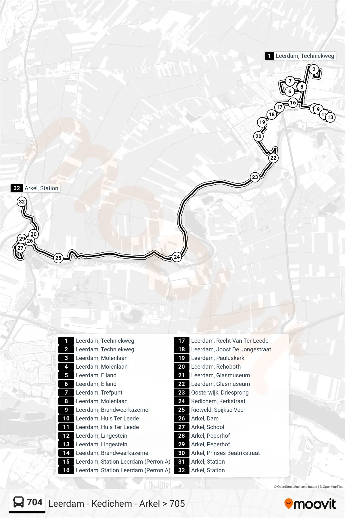 704 bus Line (Leerdam) route and stops on a map