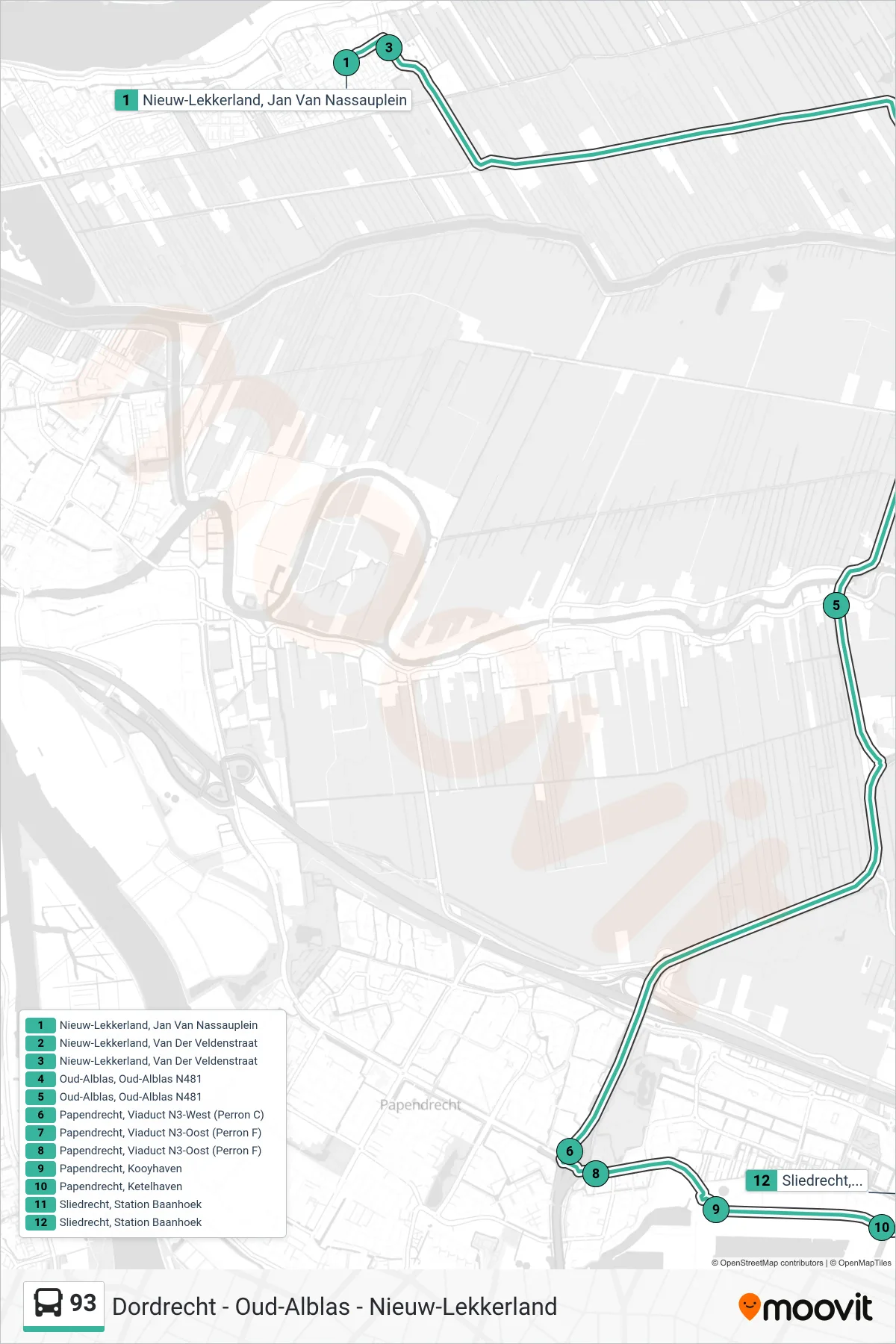 Lijn 93 (bus, Sliedrecht Baanhoek): route en haltes op de kaart