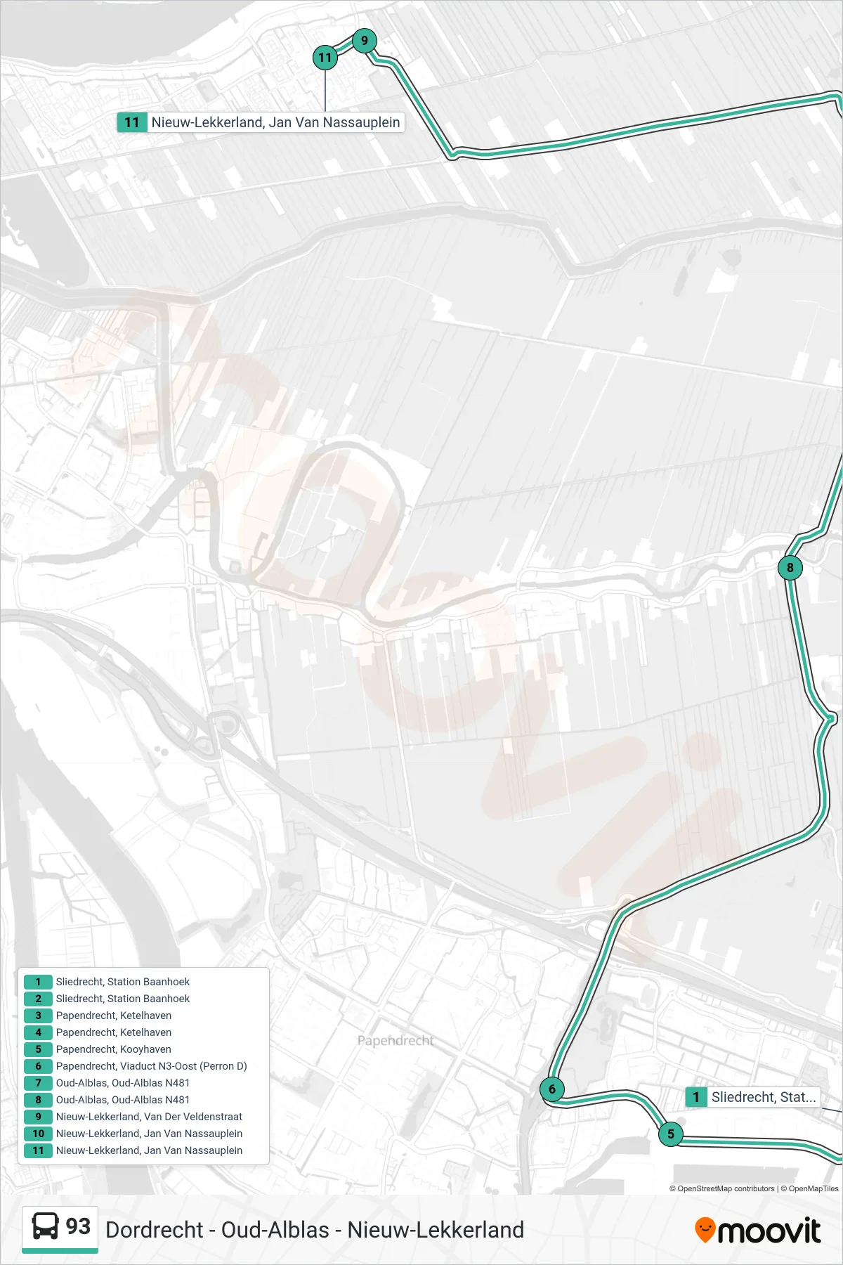 Lijn 93 (bus, Kinderdijk): route en haltes op de kaart