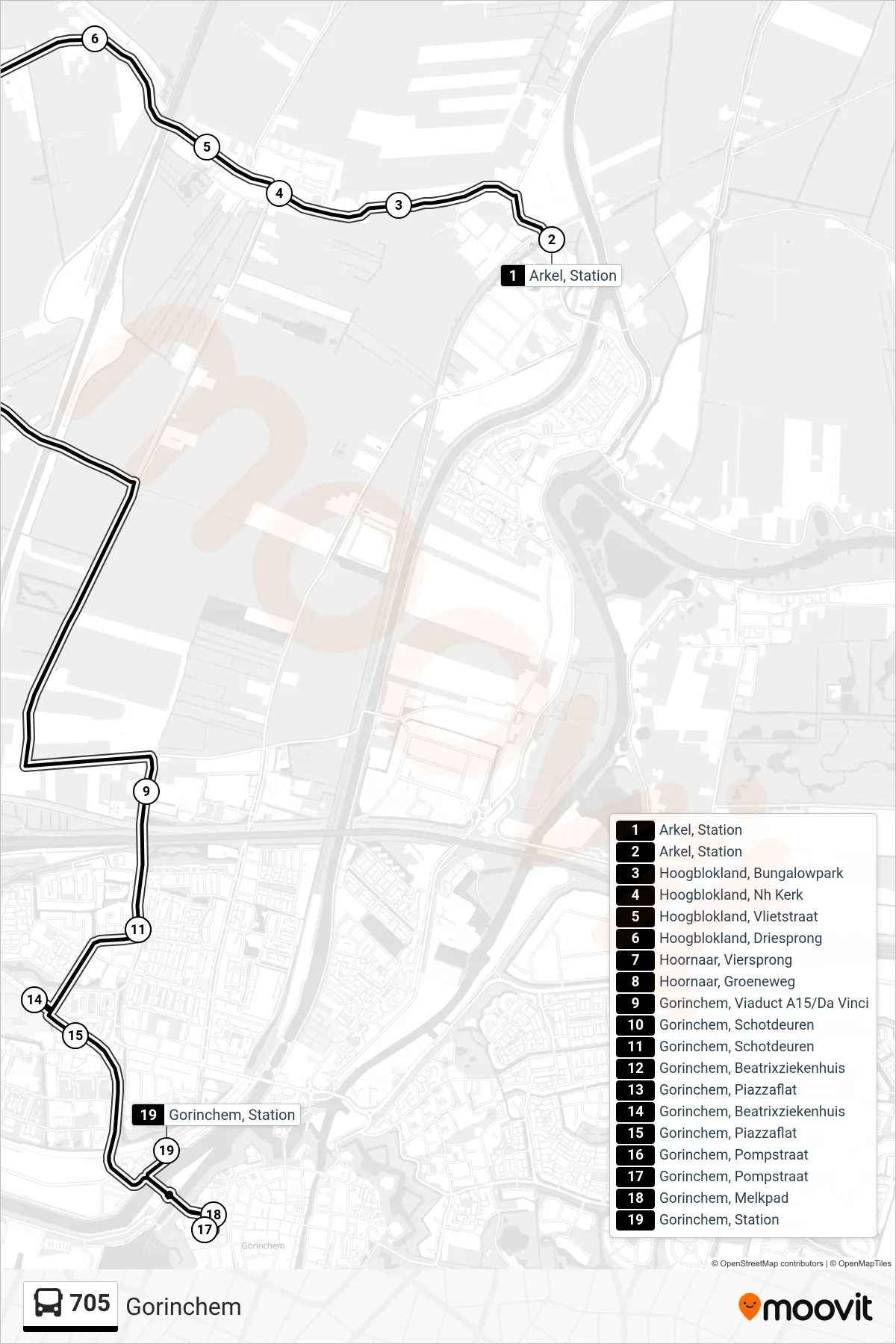 Lijn 705 (bus, Gorinchem): route en haltes op de kaart