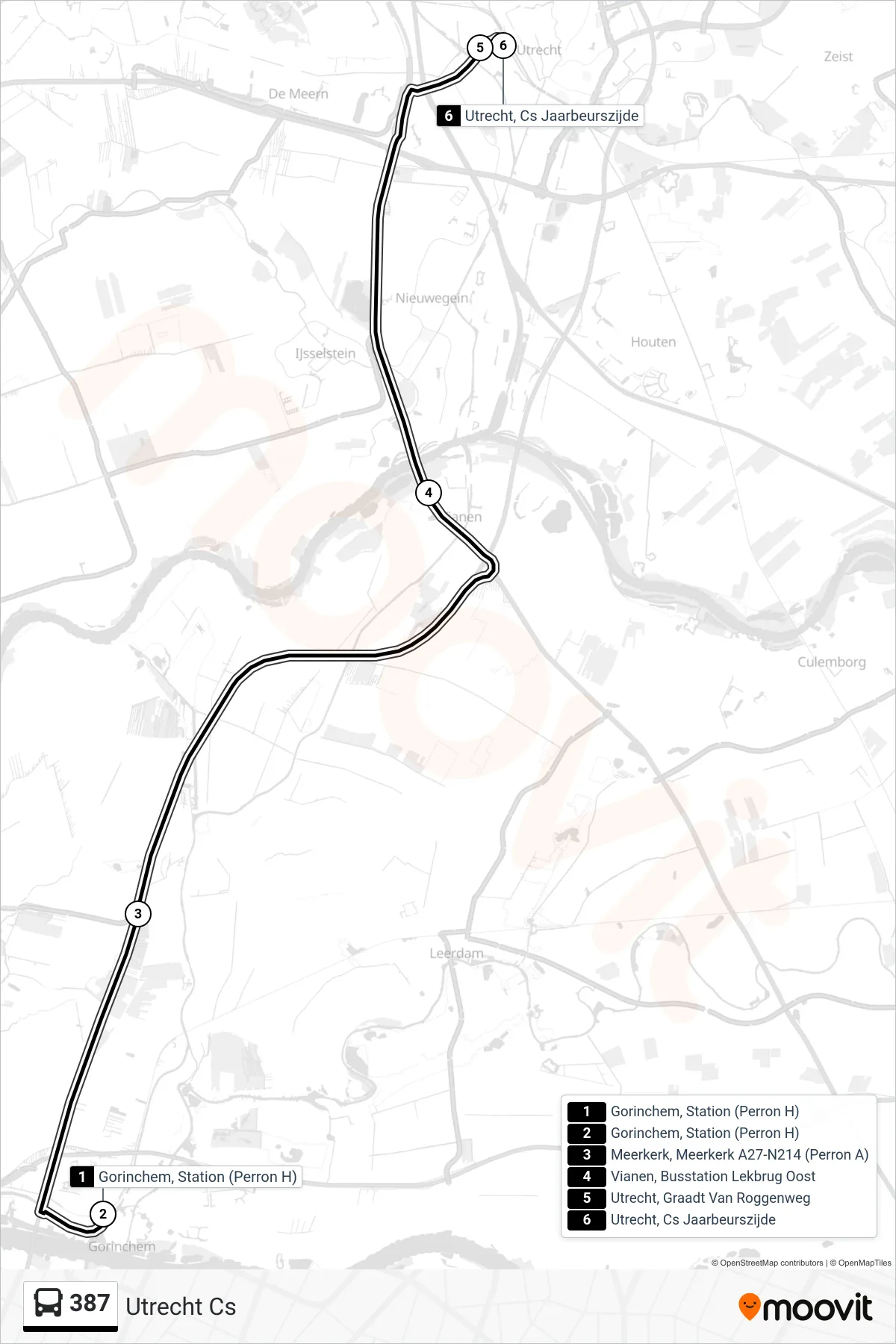 Lijn 387 (bus, Utrecht Cs): route en haltes op de kaart