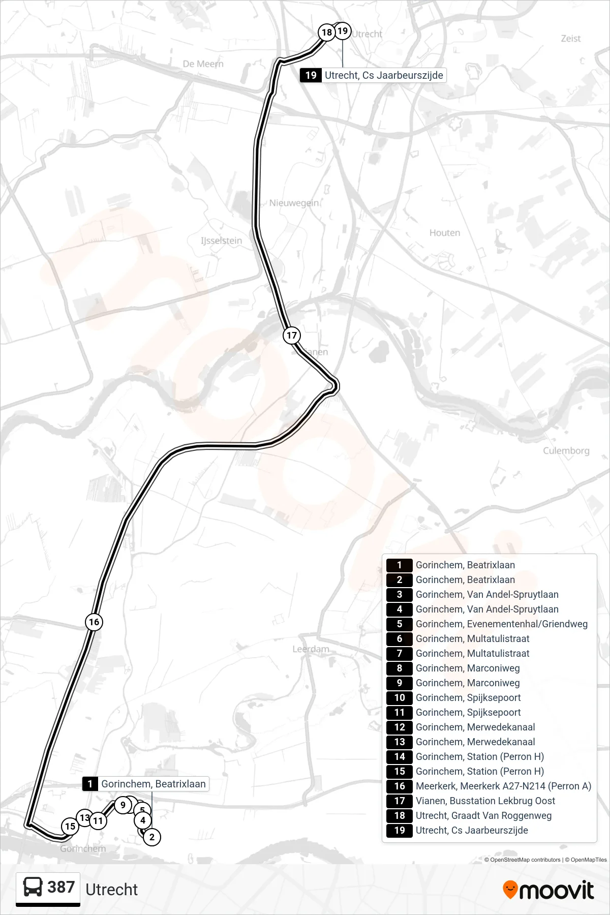 Lijn 387 (bus, Utrecht): route en haltes op de kaart