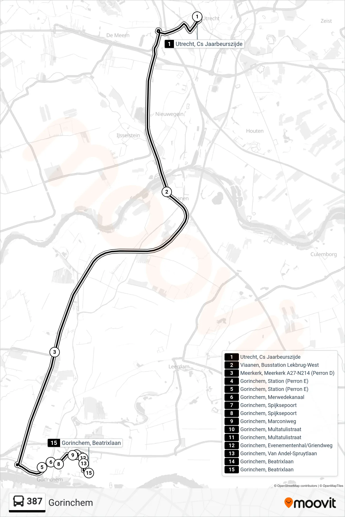 Lijn 387 (bus, Gorinchem): route en haltes op de kaart