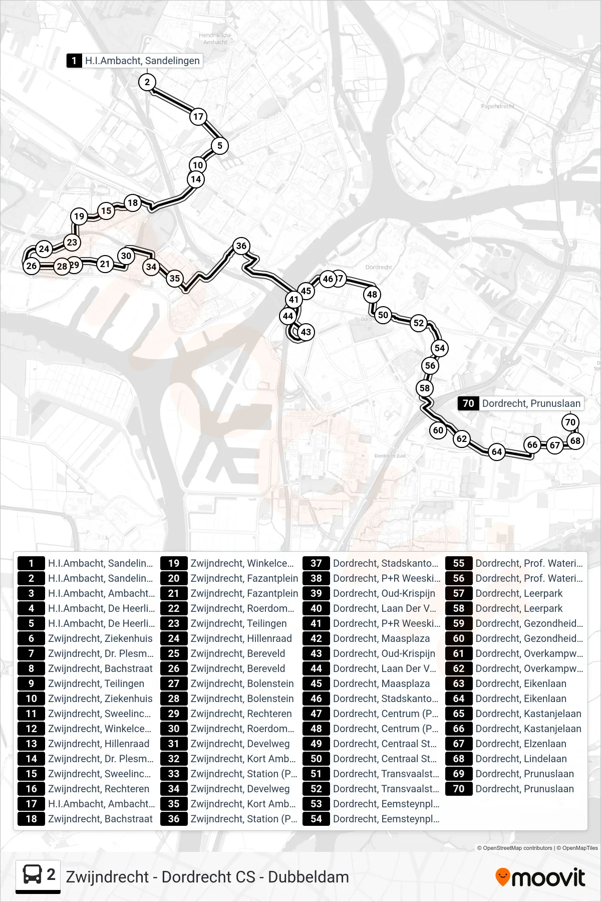 Lijn 2 (bus, Dordrecht): route en haltes op de kaart