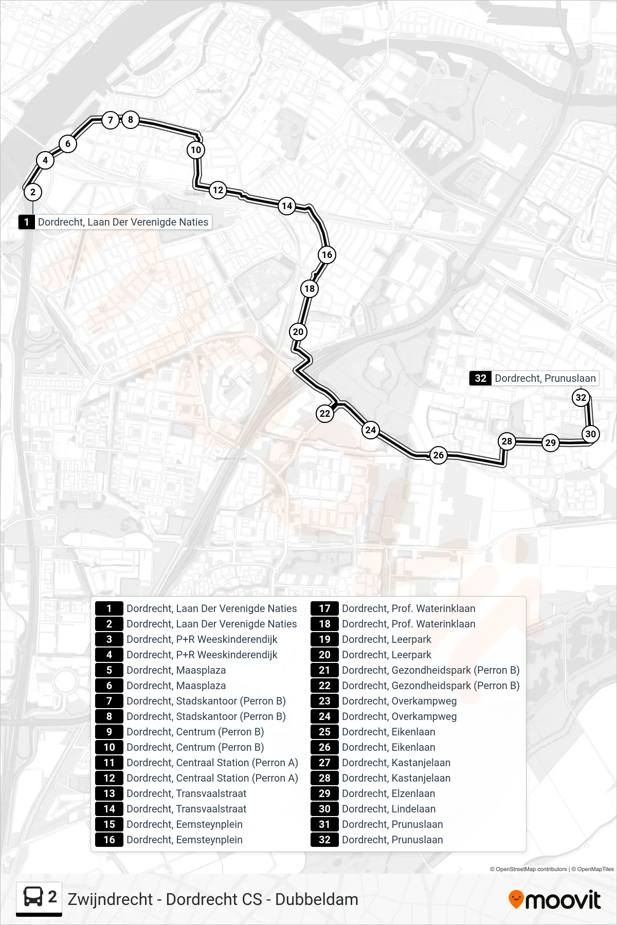 Lijn 2 (bus, Dubbeldam): route en haltes op de kaart