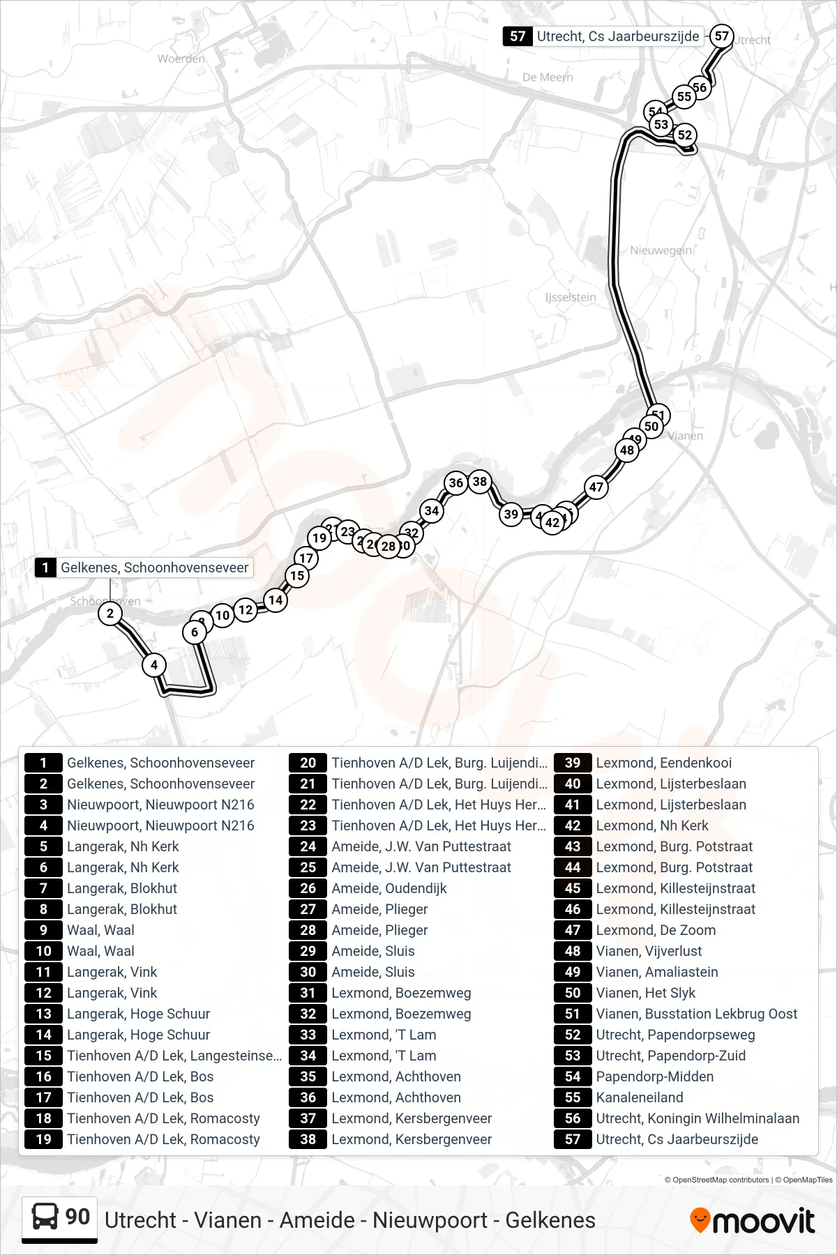 Lijn 90 (bus, Utrecht Cs): route en haltes op de kaart