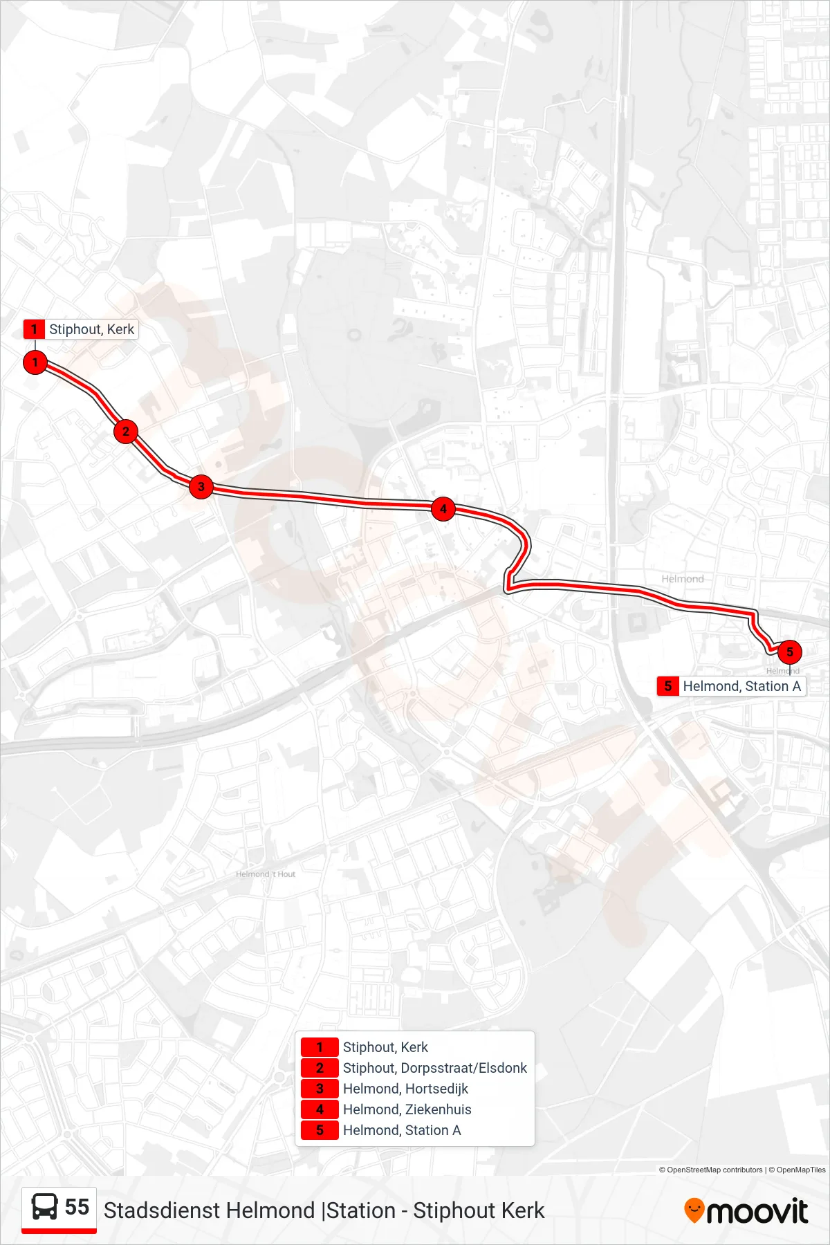 Lijn 55 (bus, Helmond Station): route en haltes op de kaart