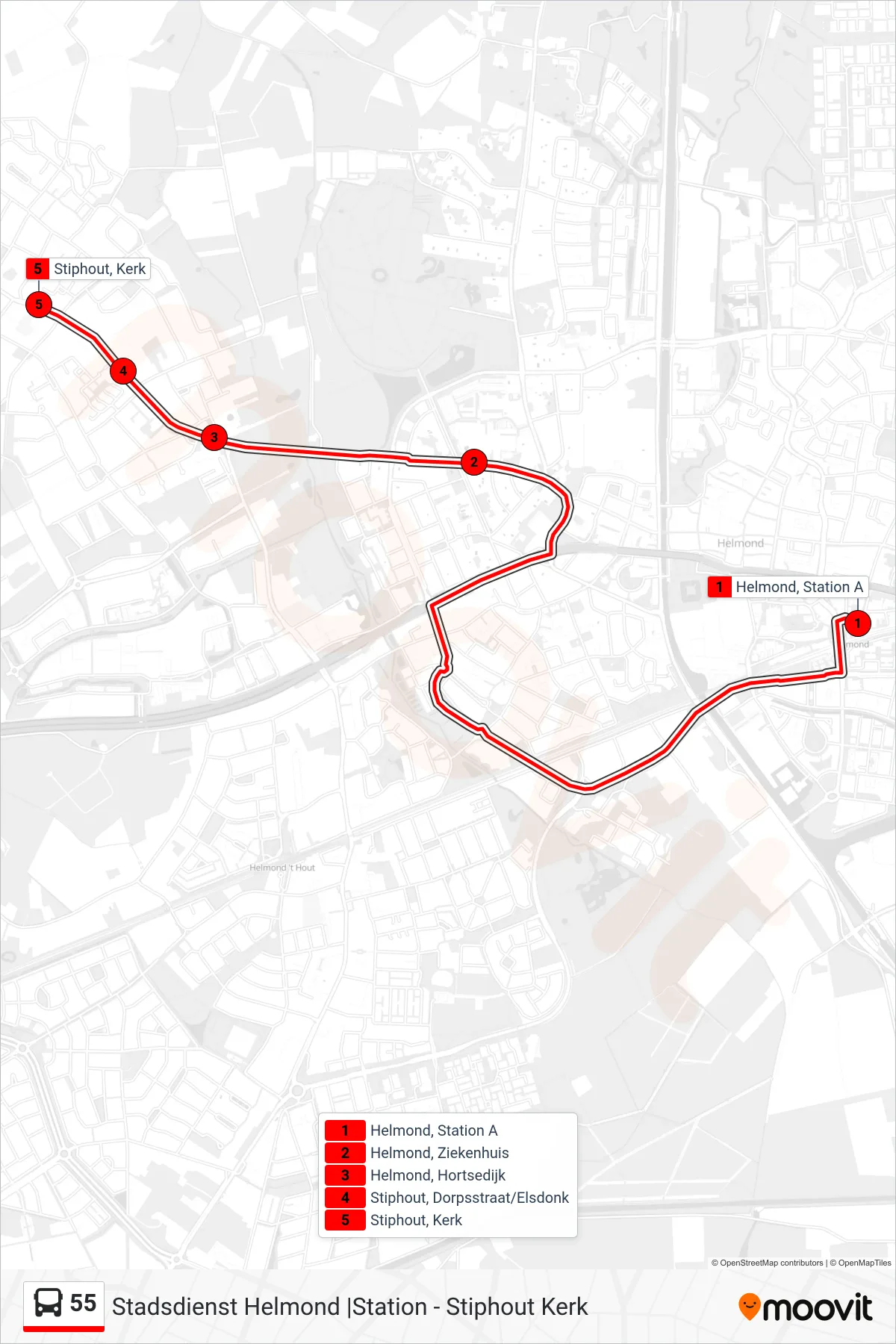 Lijn 55 (bus, Stiphout Kerk): route en haltes op de kaart