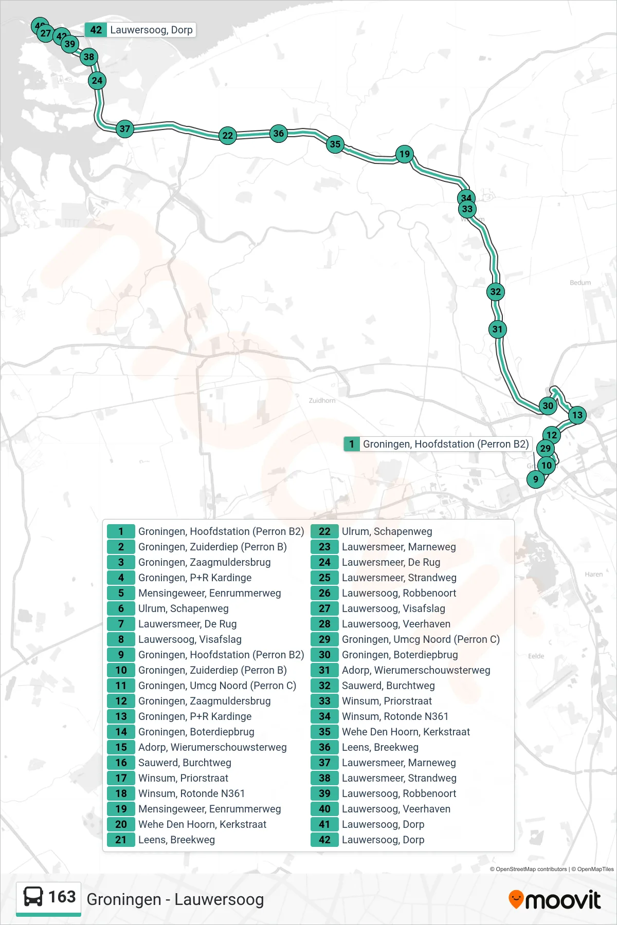 Lijn 163 (bus, Lauwersoog): route en haltes op de kaart