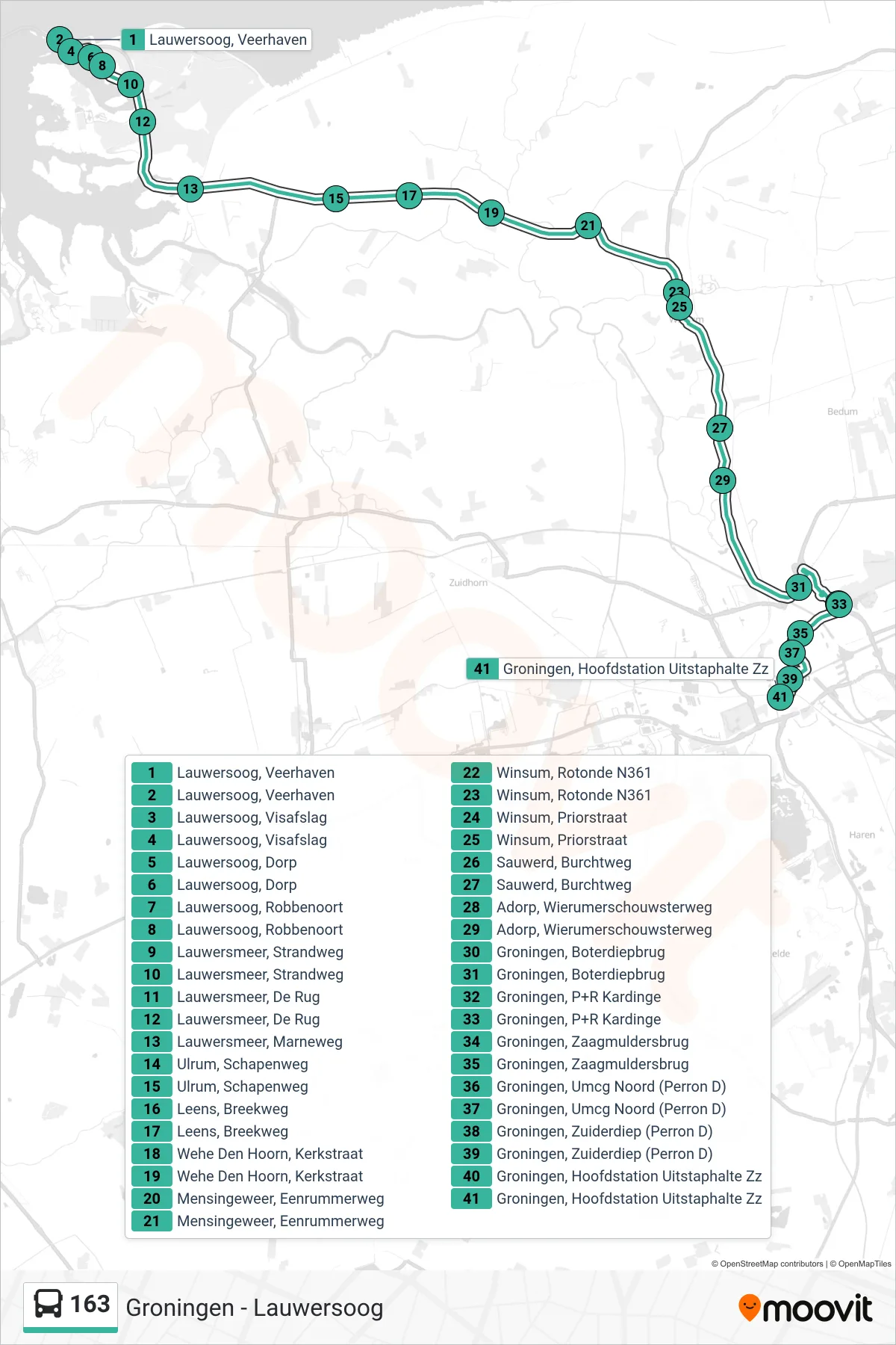 Lijn 163 (bus, Groningen): route en haltes op de kaart