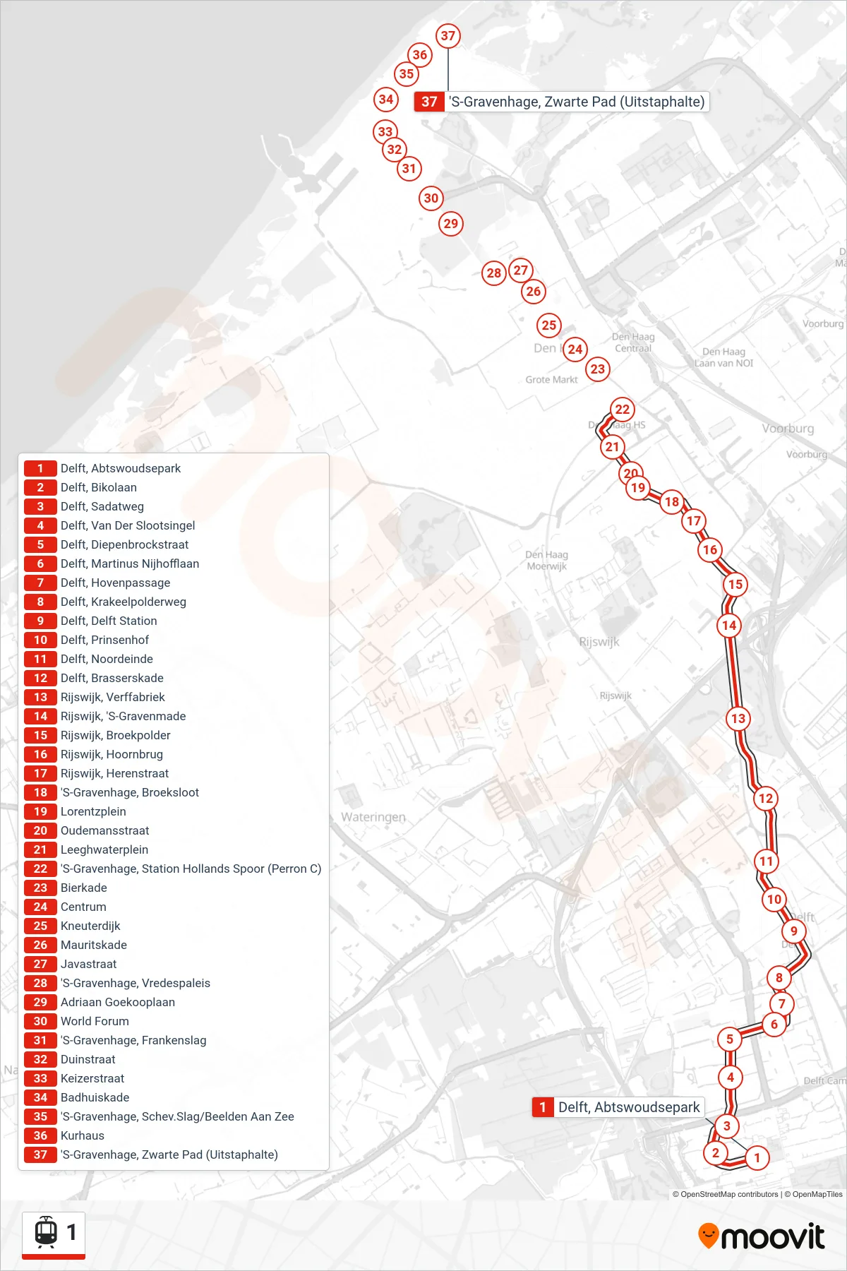 Lijn 1 (tram, Delft Tanthof): route en haltes op de kaart