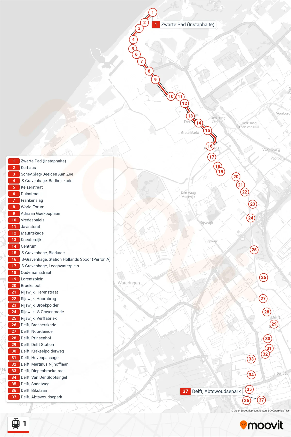 Lijn 1 (tram, Scheveningen Noord): route en haltes op de kaart