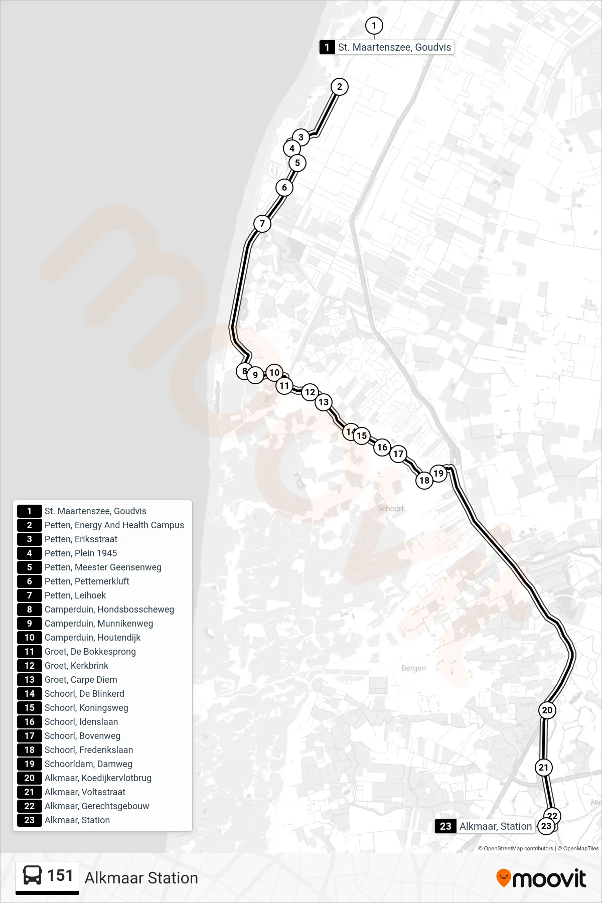 Lijn 151 (bus, Alkmaar Station): route en haltes op de kaart