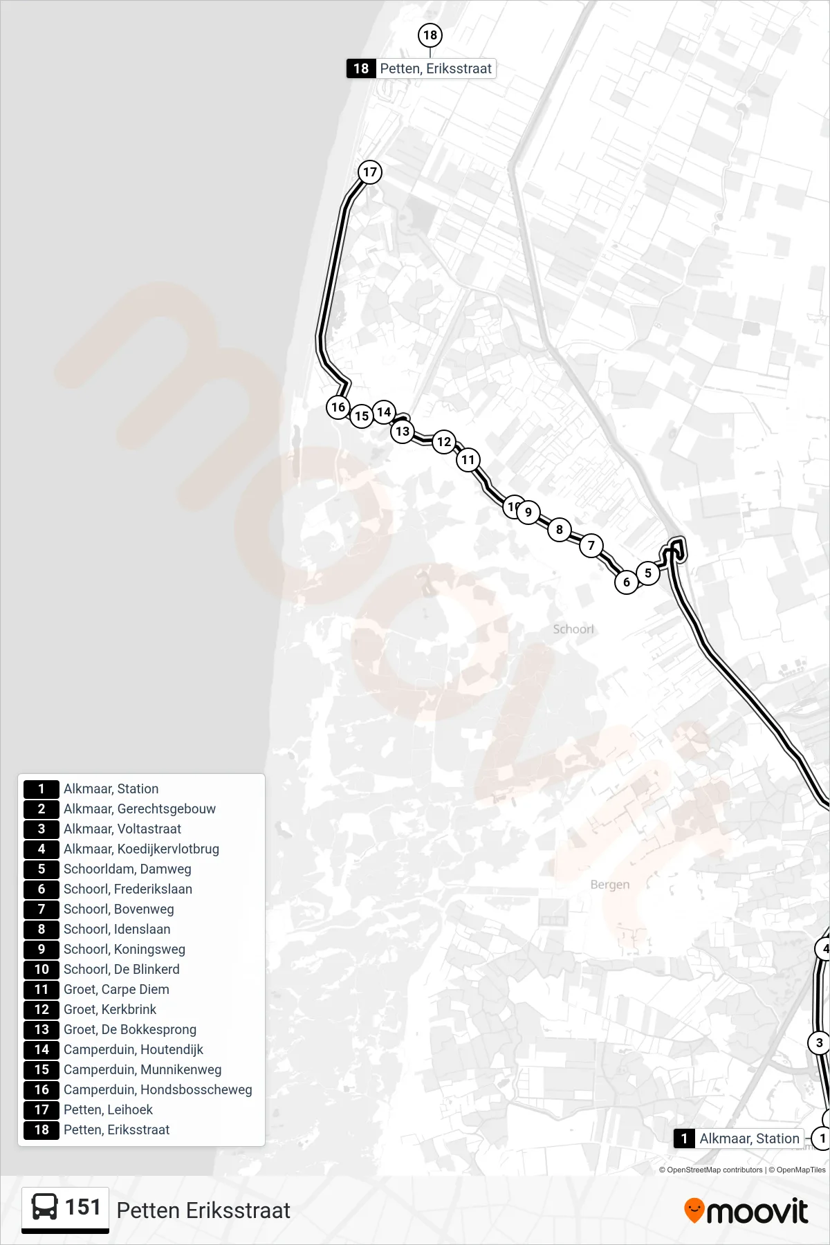Lijn 151 (bus, Petten Eriksstraat): route en haltes op de kaart