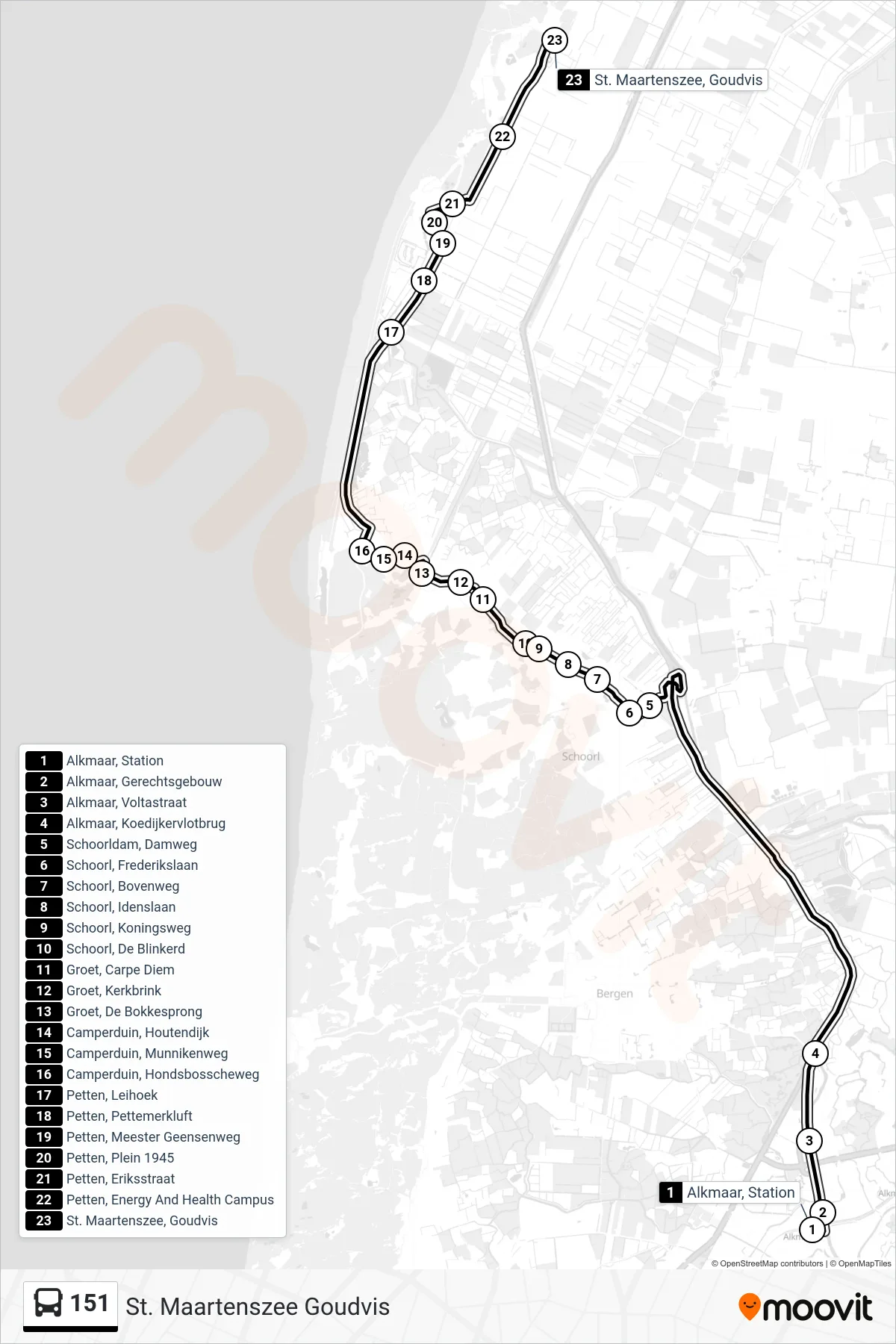 Lijn 151 (bus, St. Maartenszee Goudvis): route en haltes op de kaart