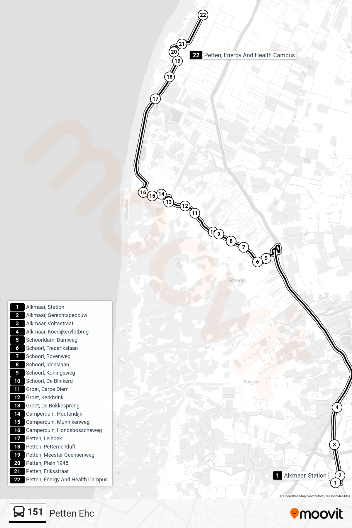 Lijn 151 (bus, Petten Ehc): route en haltes op de kaart