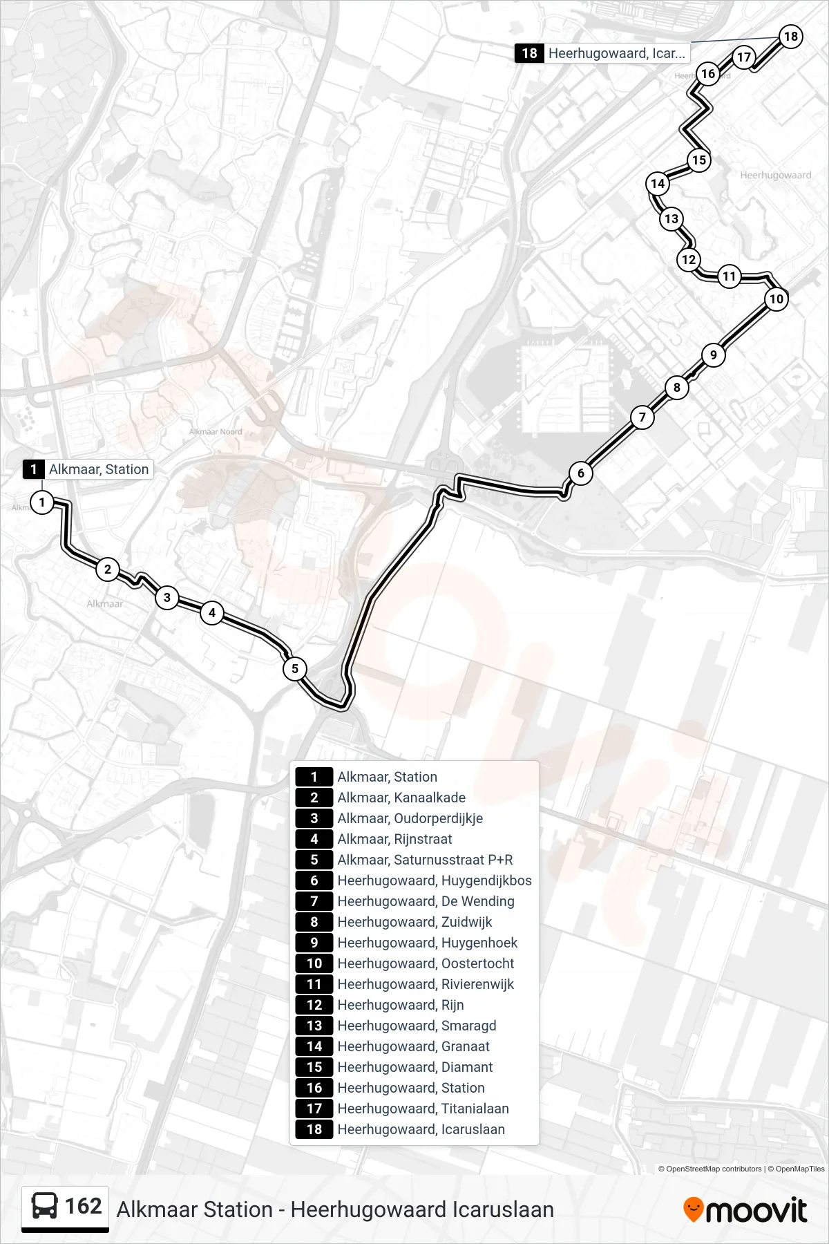Lijn 162 (bus, Heerhugowaard Icaruslaan): route en haltes op de kaart