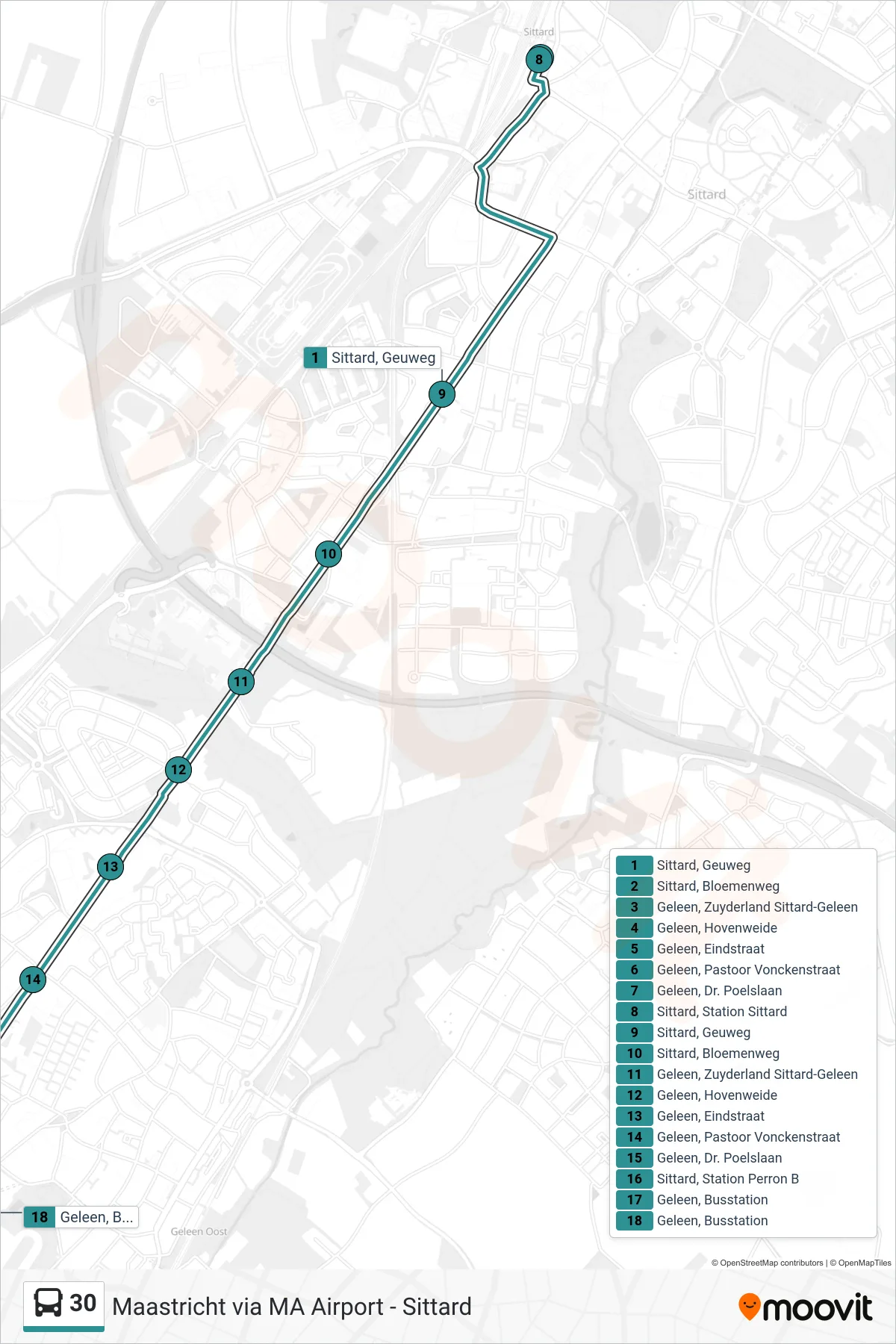 30 bus Line (Geleen) route and stops on a map