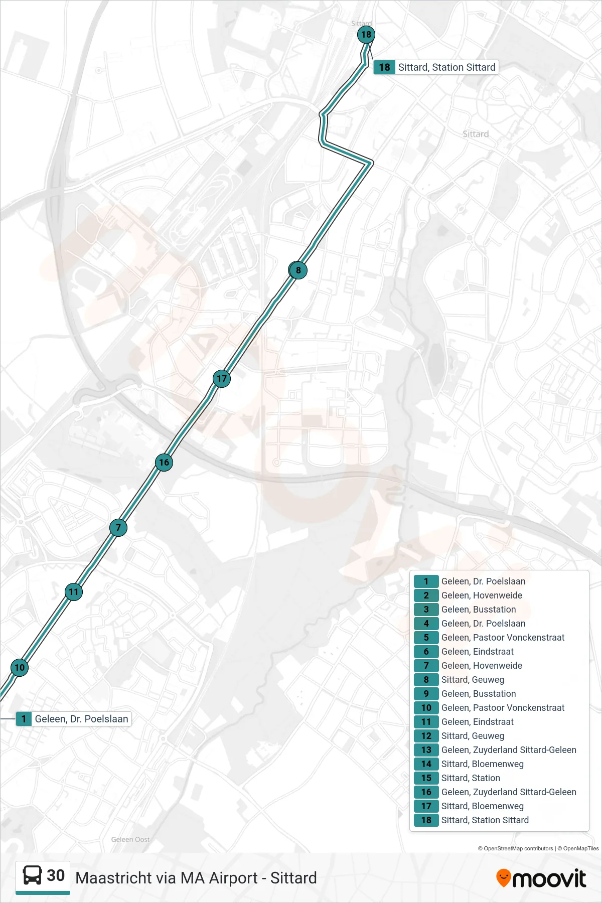 Lijn 30 (bus, Sittard Station): route en haltes op de kaart