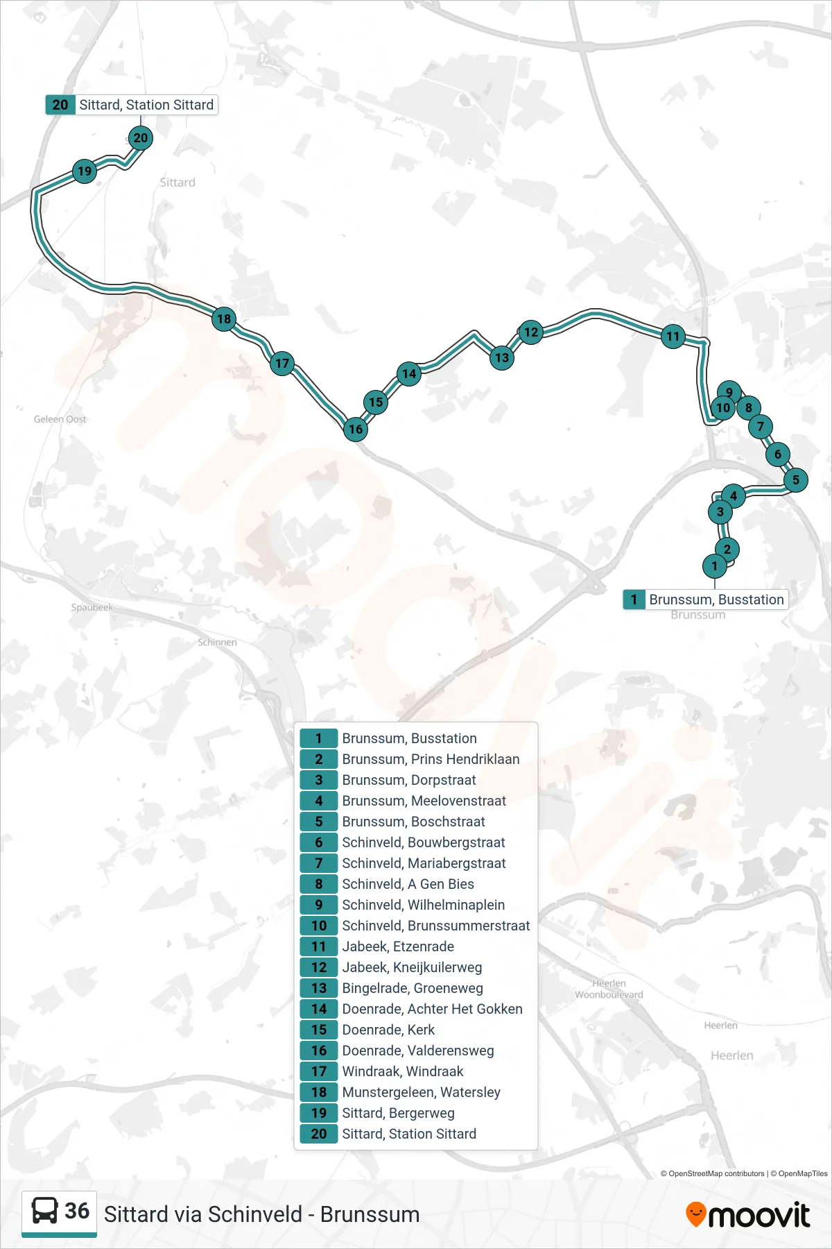 36 bus Line (Sittard) route and stops on a map