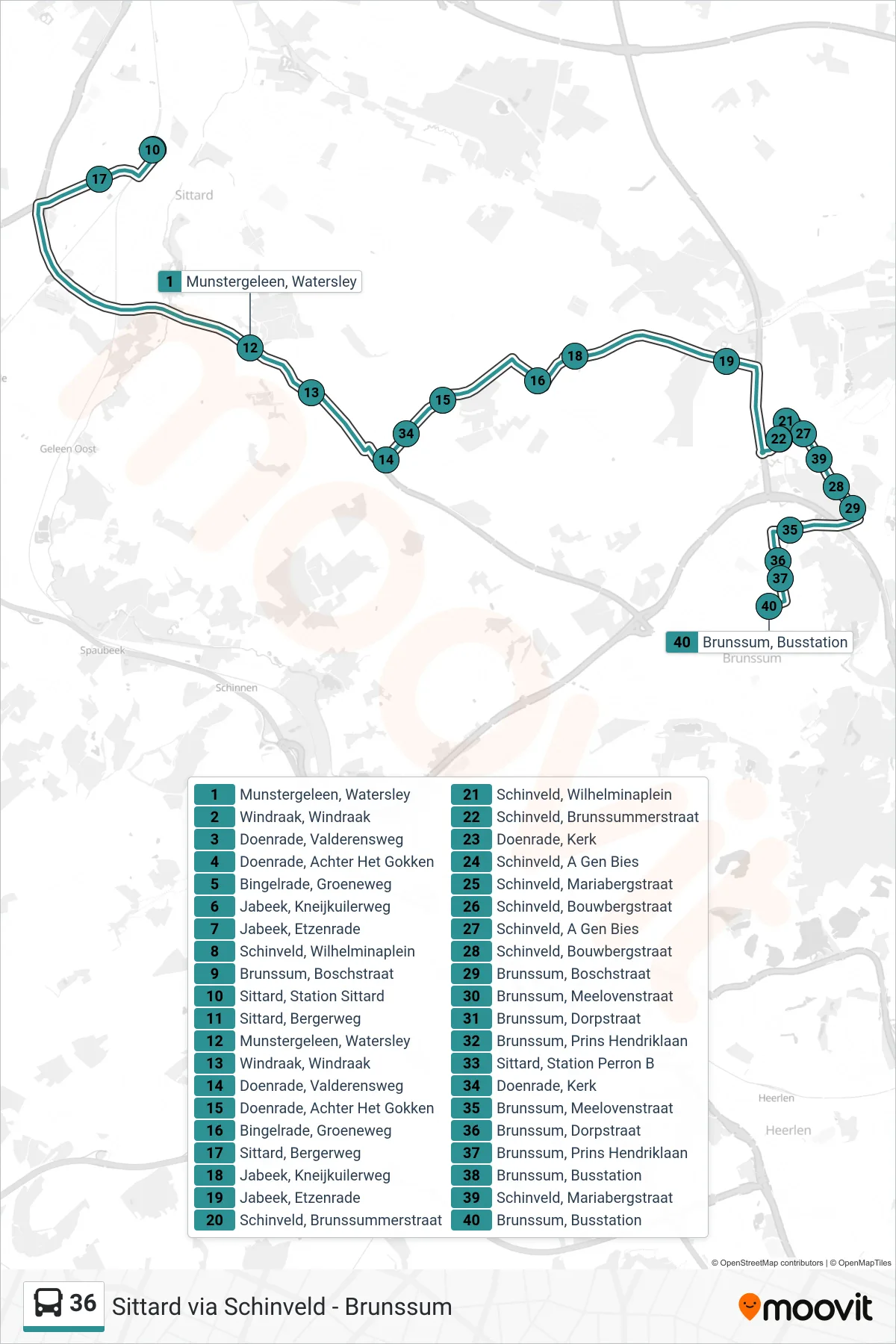 Lijn 36 (bus, Brunssum): route en haltes op de kaart