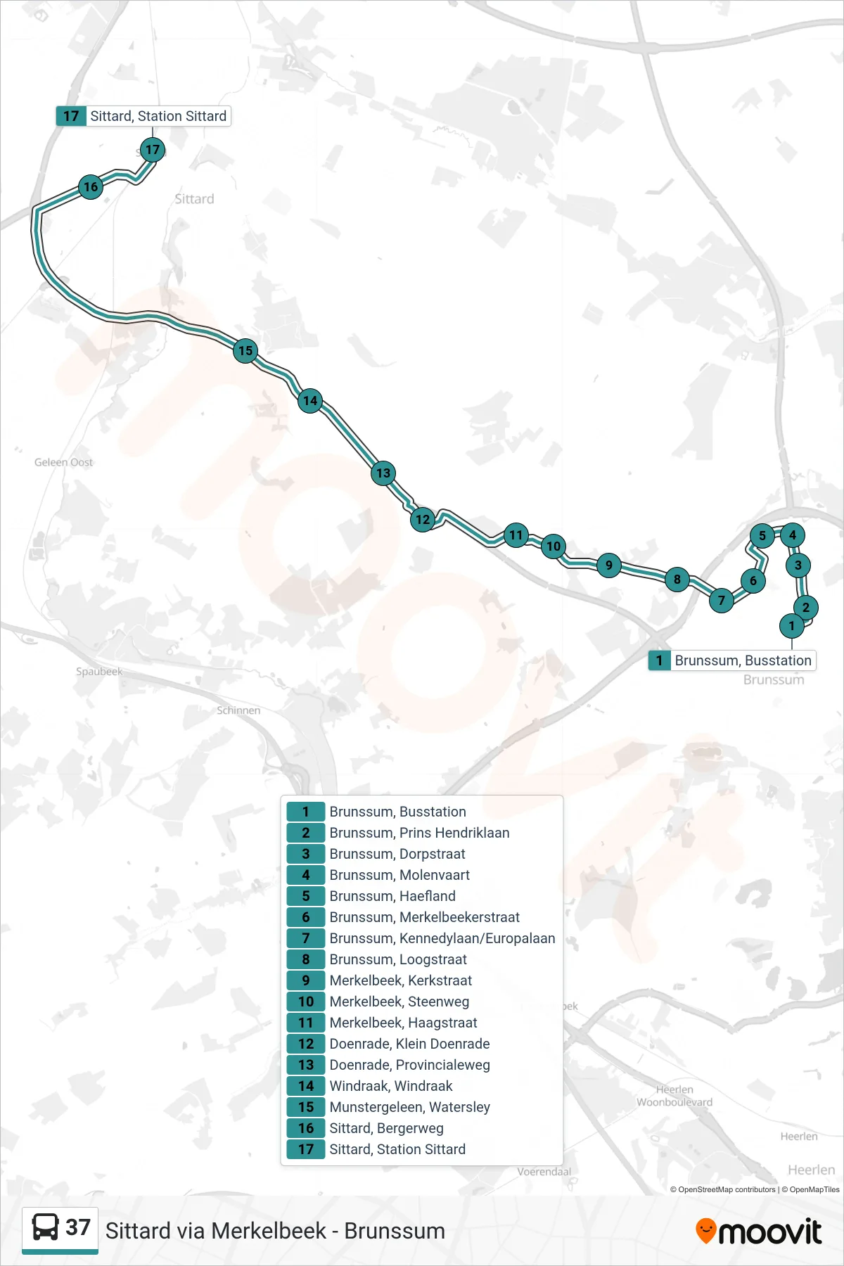 37 bus Line (Sittard) route and stops on a map