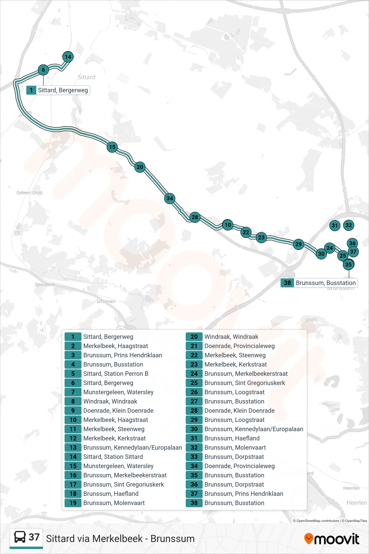 Lijn 37 (bus, Brunssum): route en haltes op de kaart