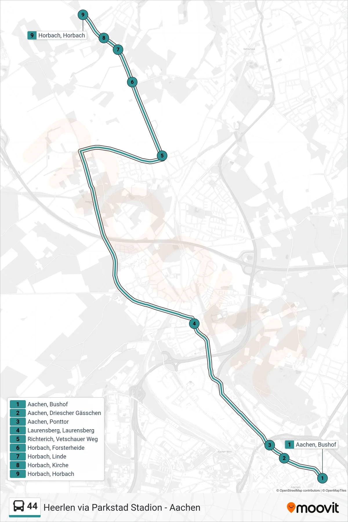 Lijn 44 (bus, Horbach): route en haltes op de kaart