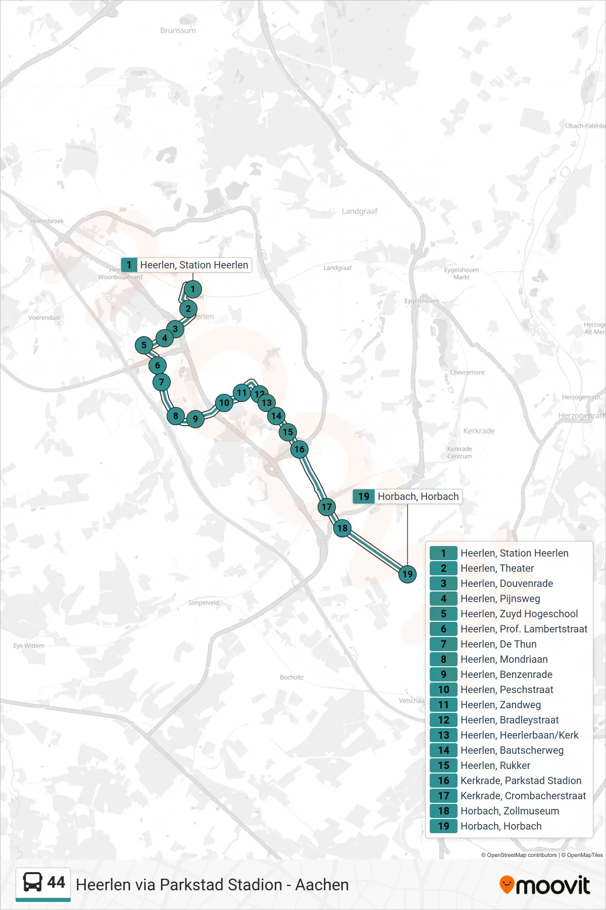Lijn 44 (bus, Horbach): route en haltes op de kaart