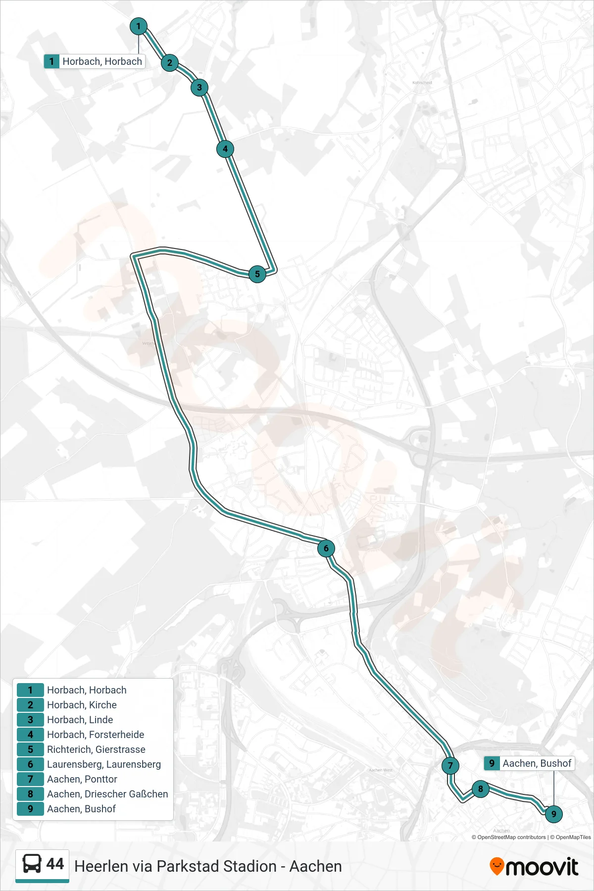 Lijn 44 (bus, Aachen Bushof): route en haltes op de kaart