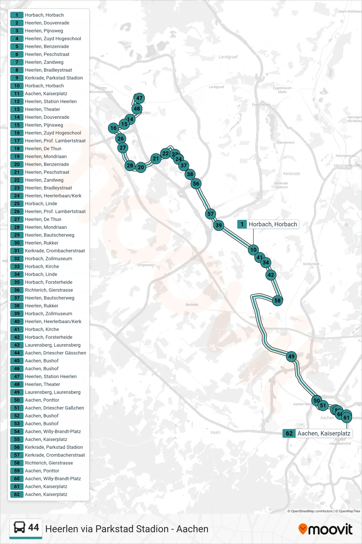 Lijn 44 (bus, Aachen): route en haltes op de kaart