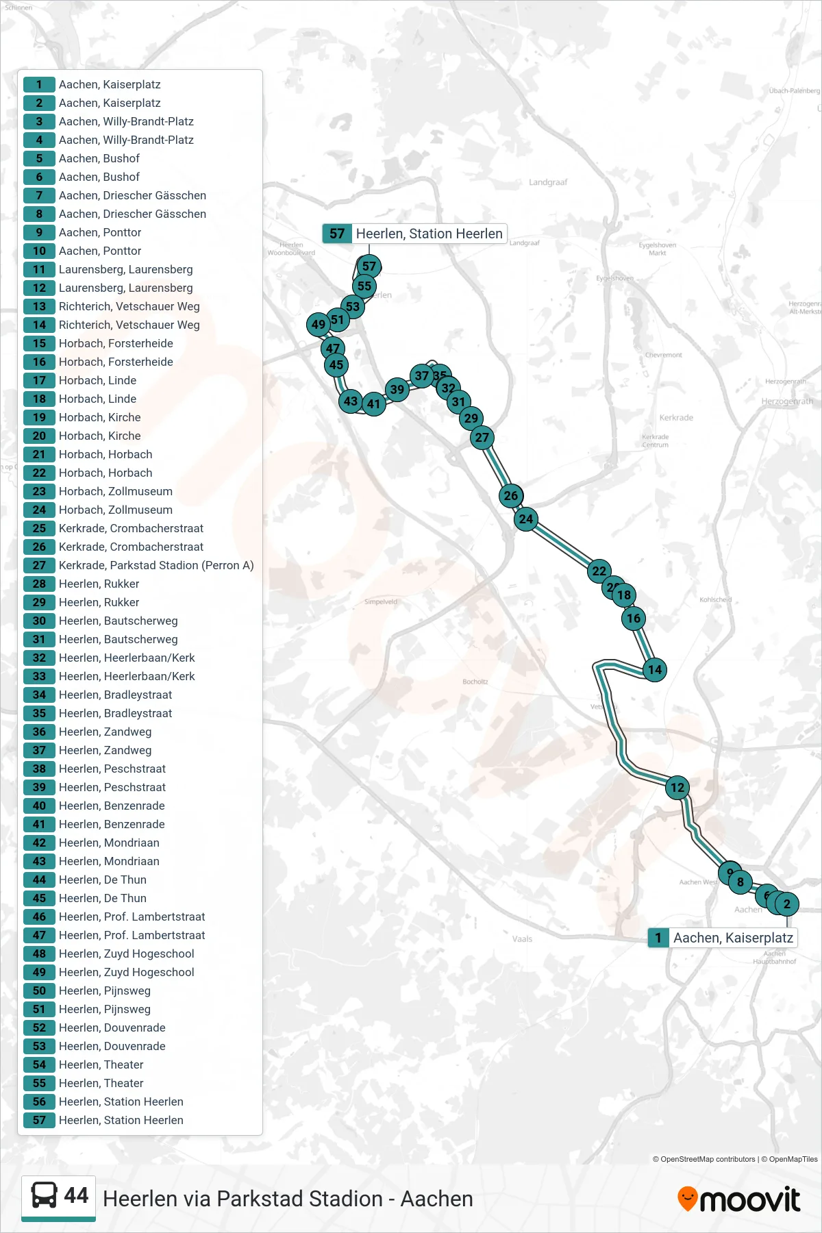 44 bus Line (Heerlen) route and stops on a map