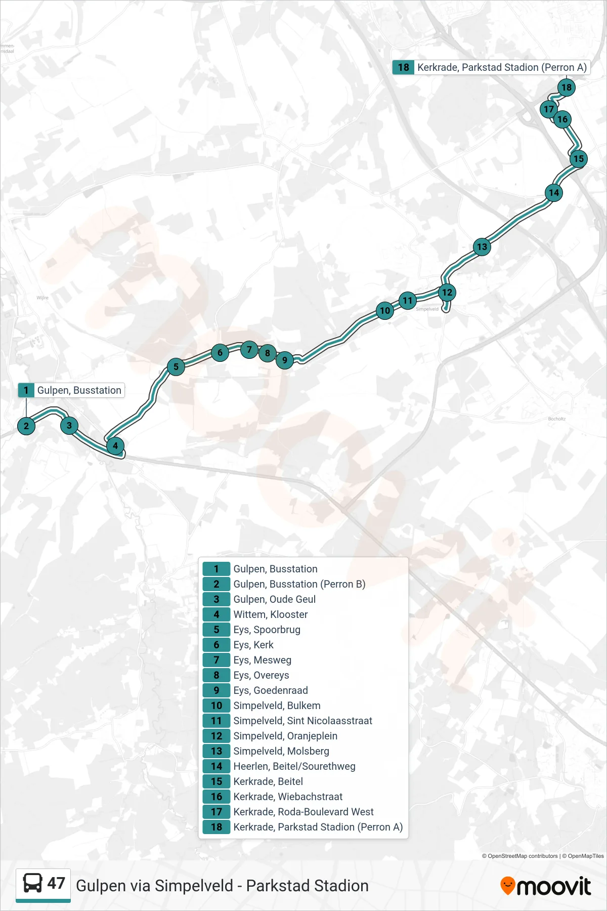 47 bus Line (Parkstad Stadion) route and stops on a map