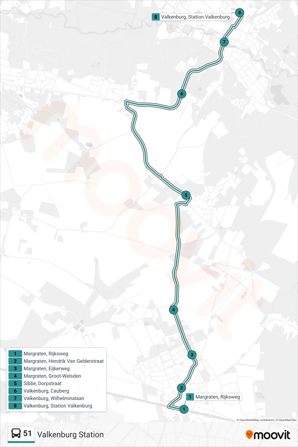51 bus Line (Valkenburg Station) route and stops on a map