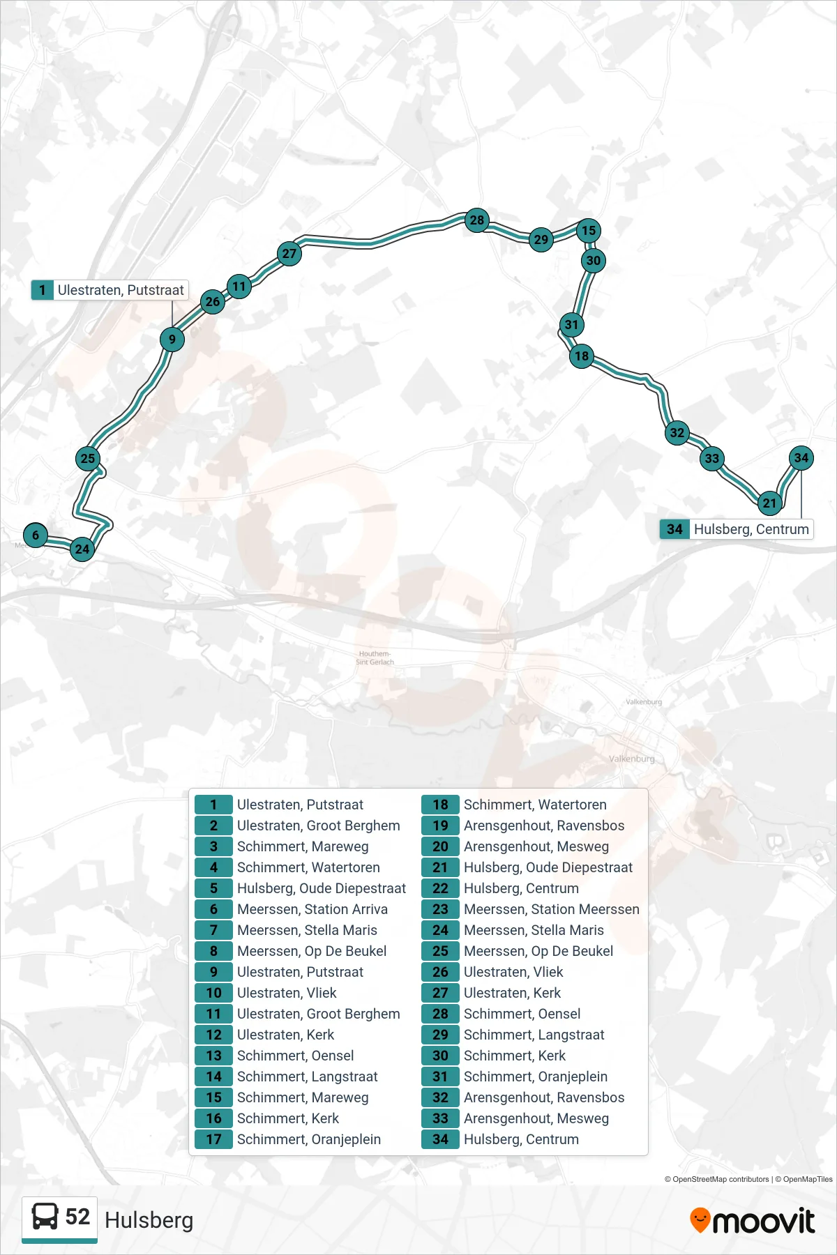 52 bus Line (Hulsberg) route and stops on a map