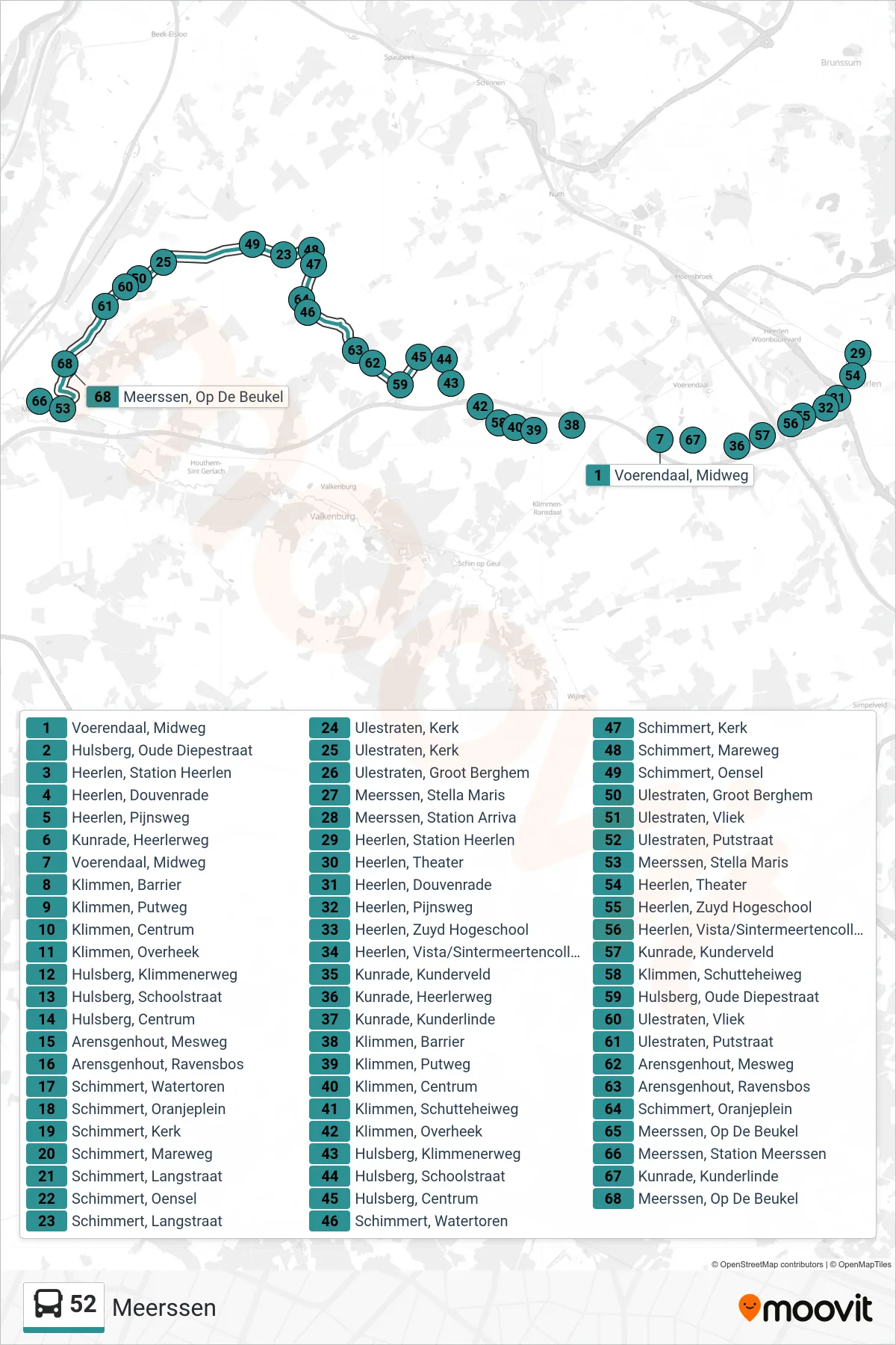 Lijn 52 (bus, Meerssen): route en haltes op de kaart