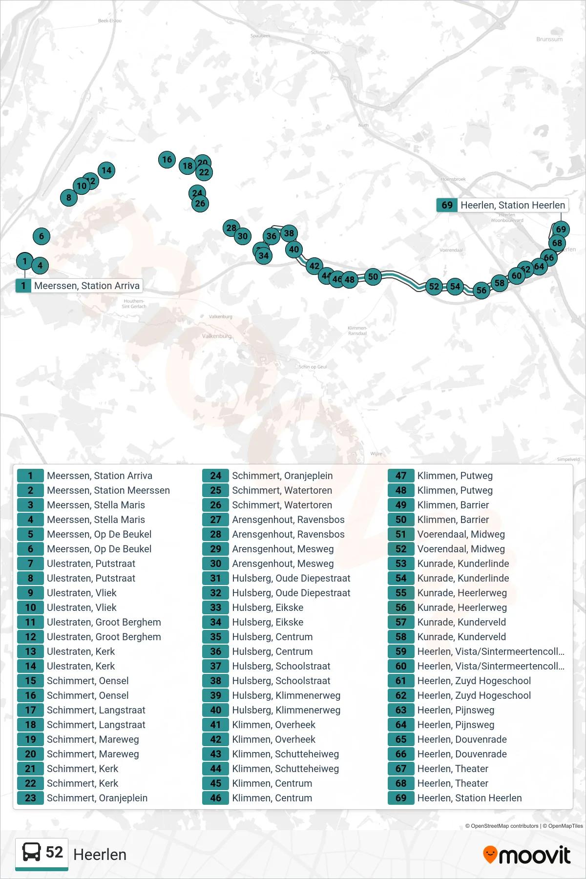 Lijn 52 (bus, Heerlen): route en haltes op de kaart