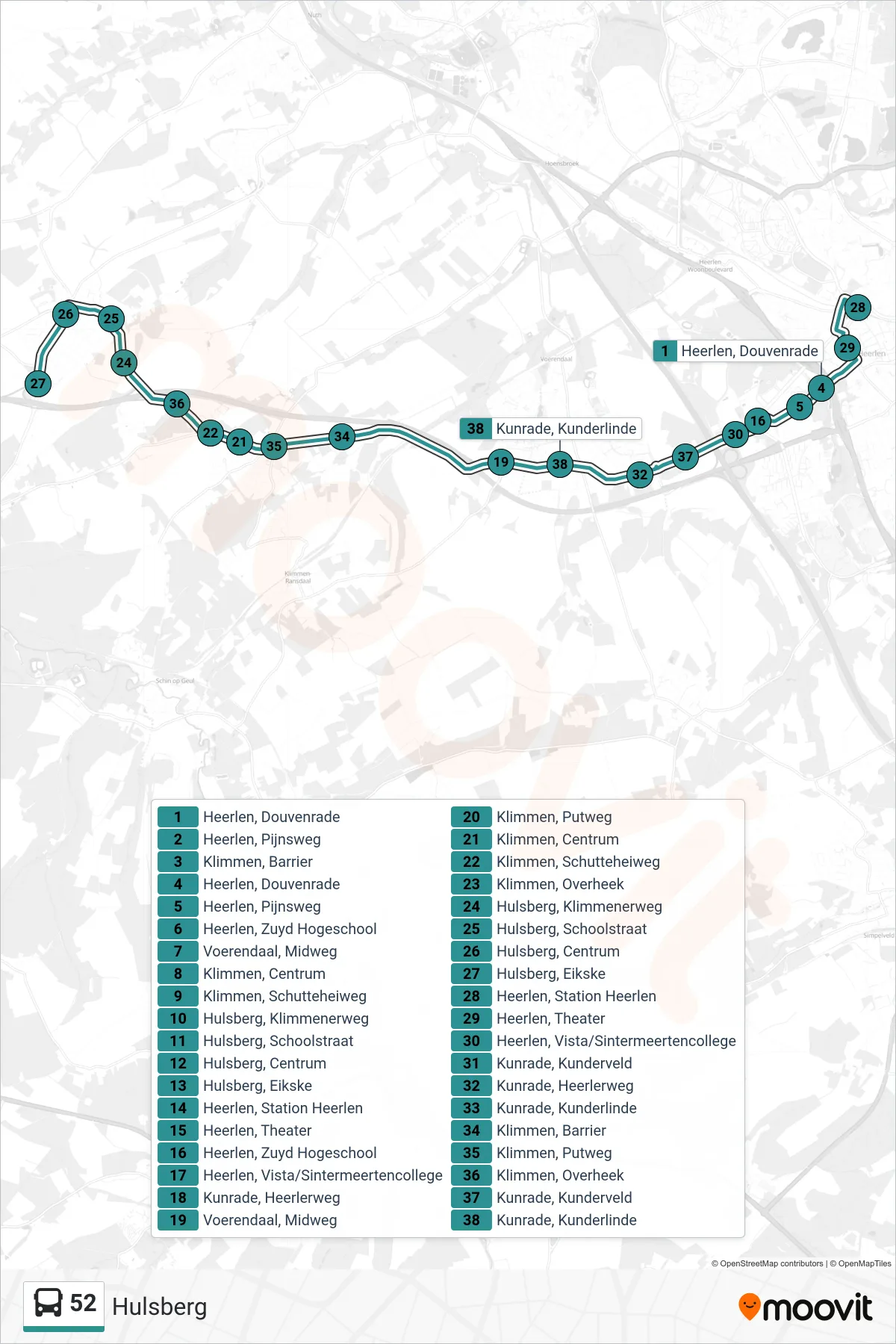 Lijn 52 (bus, Hulsberg): route en haltes op de kaart