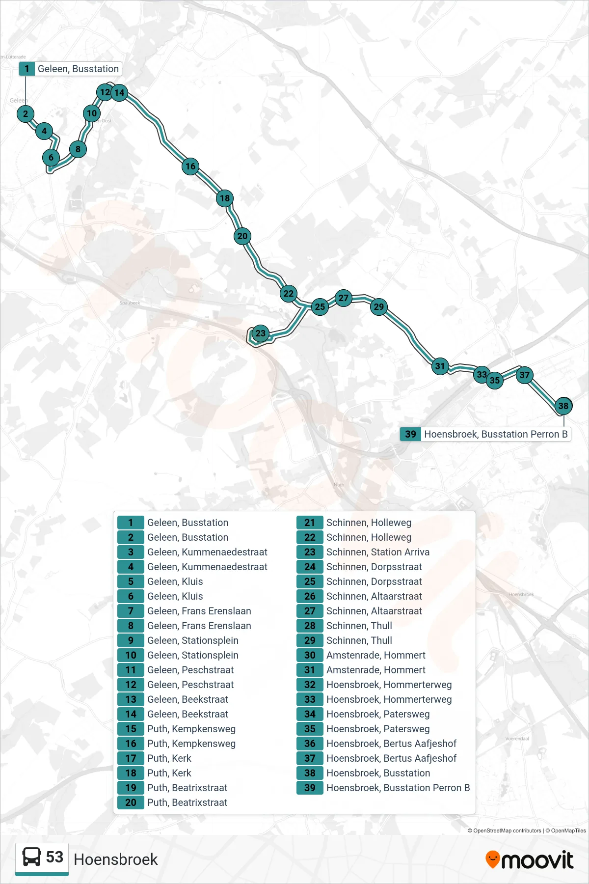 53 bus Line (Hoensbroek) route and stops on a map