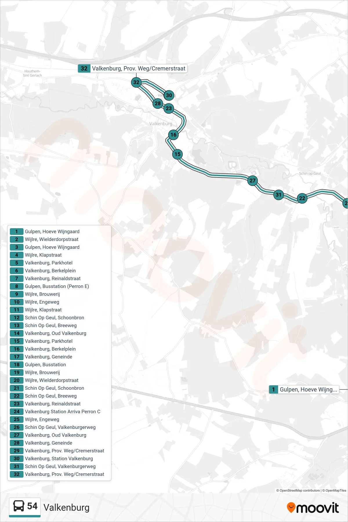 Lijn 54 (bus, Valkenburg): route en haltes op de kaart