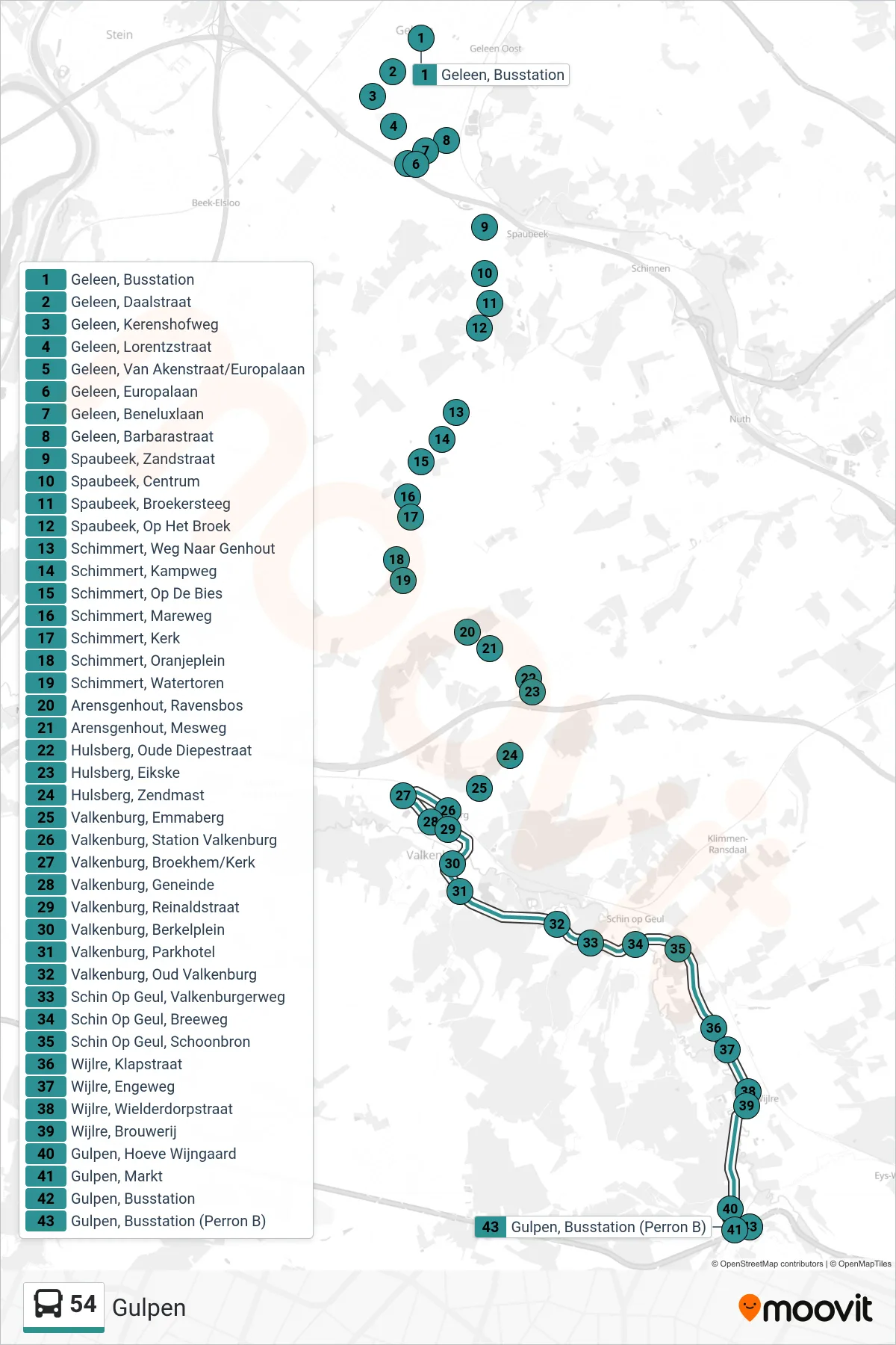 Lijn 54 (bus, Gulpen): route en haltes op de kaart